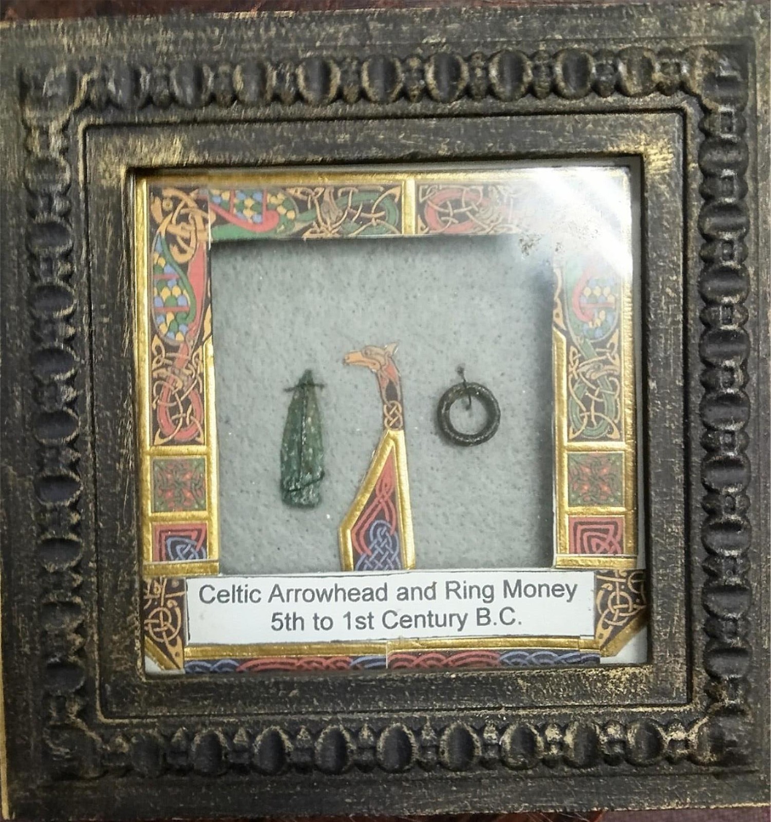 Ancient Celtic Bronze Arrowhead & Ring Money 5th-1st Century BC Framed Artifact