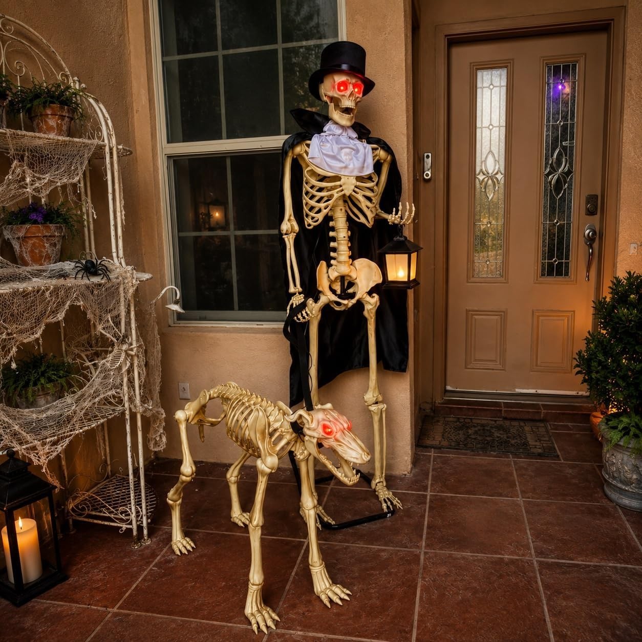 2 pc Animated Gentleman Skeleton with Growling Dog Halloween Decorations, 5-Ft
