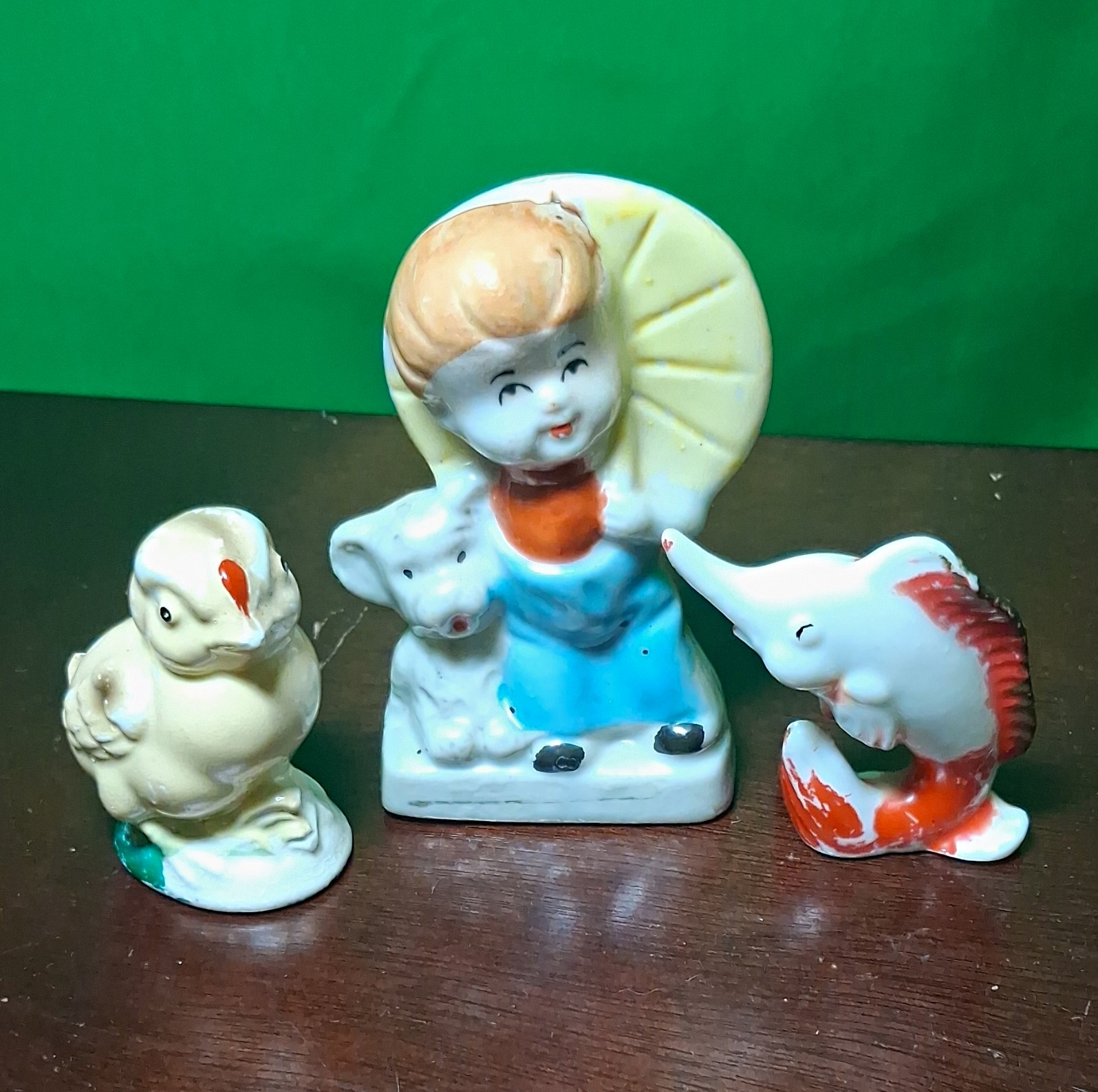 Vintage Japan 3 Small Ceramic Figurines Girl w/ Dog Duck Fish Multicolor 4 in