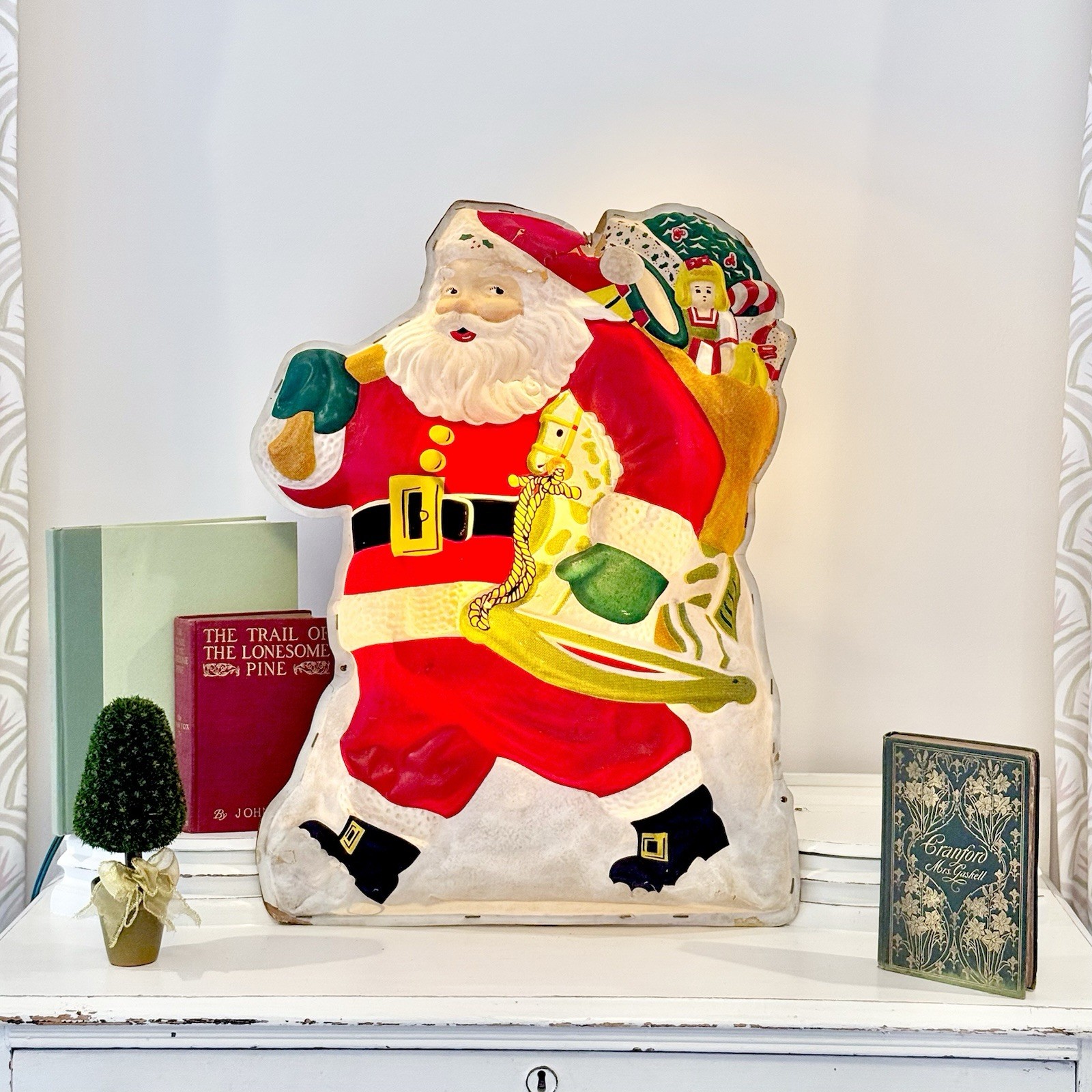 Vintage 1950’s Noma Lites Glolite Santa Merry Christmas Vacuform Stand Hang 25”