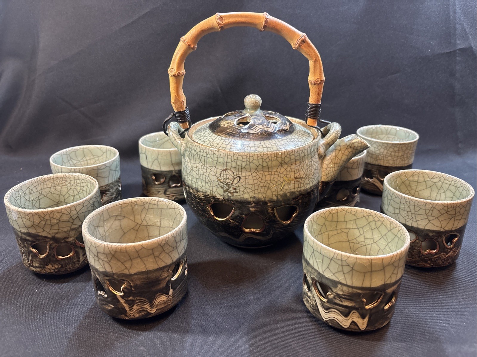 Vtg Otagiri Somayaki Teapot Set Green Crackle Hearts Double Walled Gold 10pc set