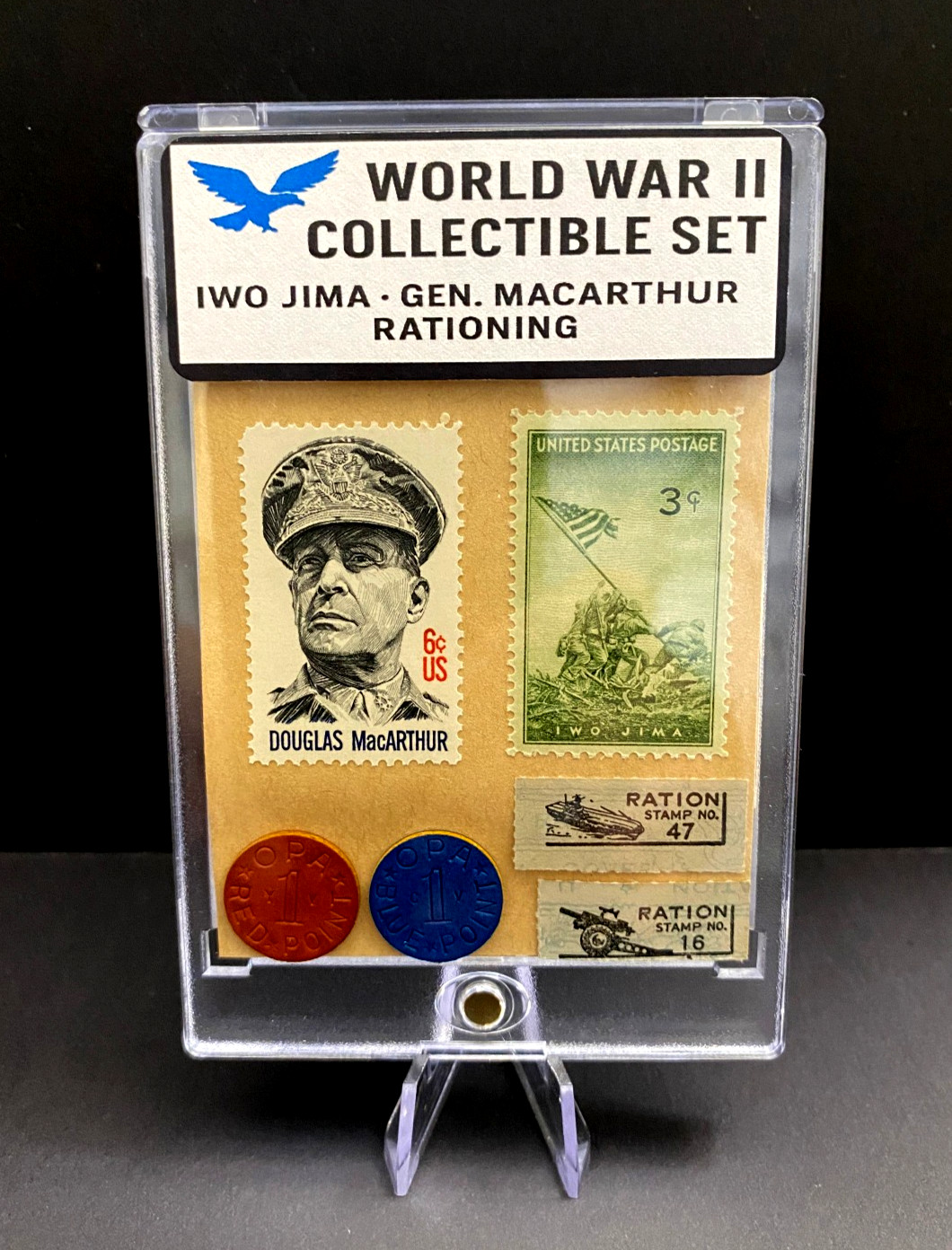 WWII U.S. Home Front Collectible Set – Stamps, Ration Tokens & Coupons Display