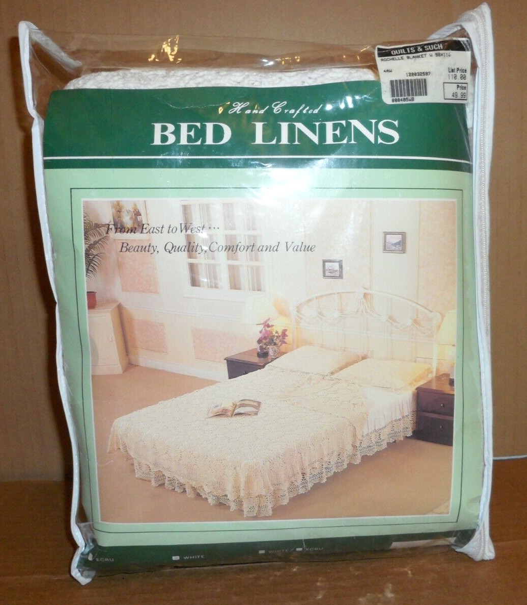 Vtg Handcrafted Bed Linens Rochelle White Cotton Blanket Cover 96