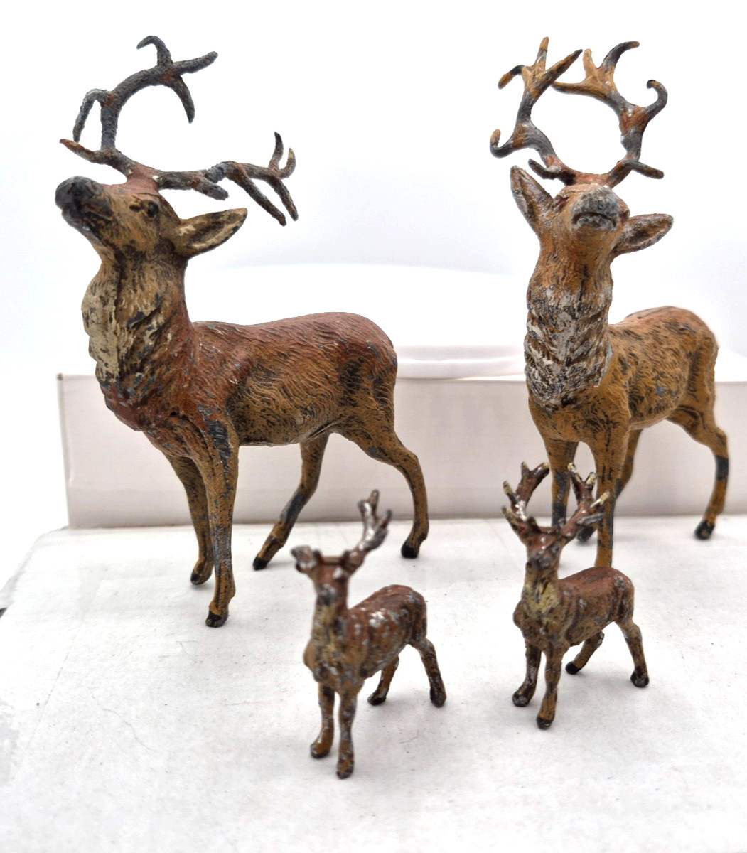 Antique 1930\'s Reindeer Metal Buck Deer Figurine Antlers Germany. Putz. Set 4