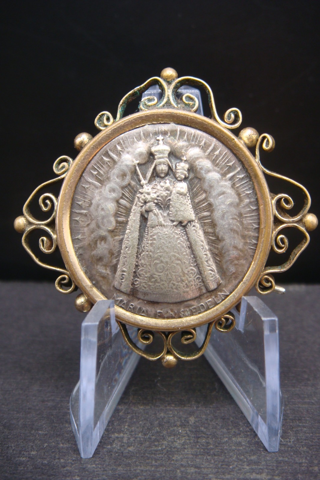 VINTAGE OUR LADY OF EINSIEDELN BLACK MADONNA SWITZERLAND FILIGREE BROOCH PIN