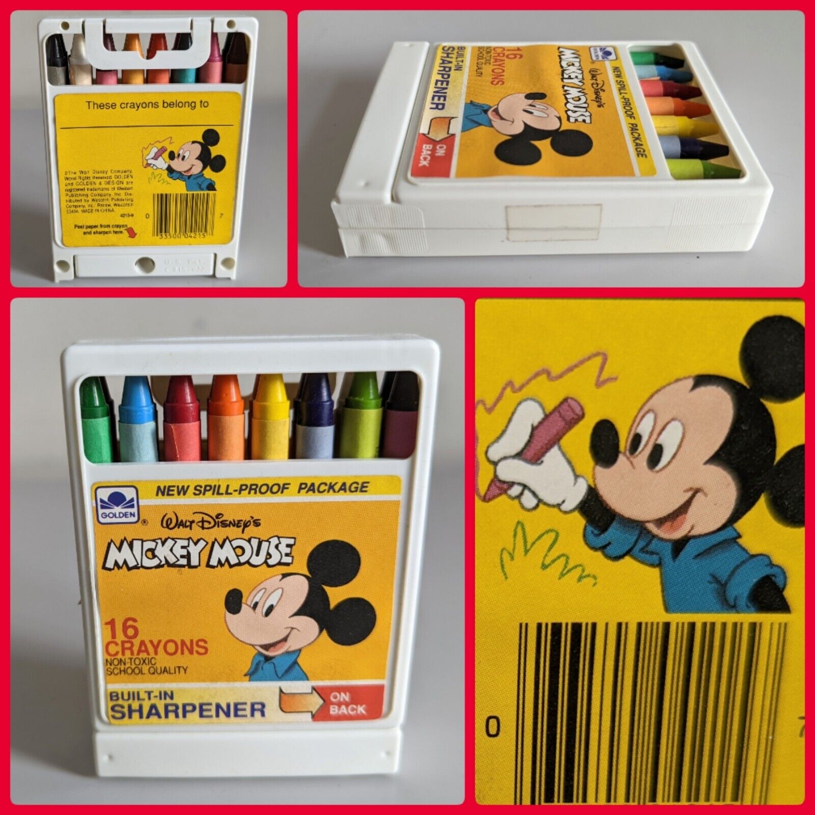 Disney Mickey Mouse Vintage 80s Crayons Set New In Box With Sharpener Golden 