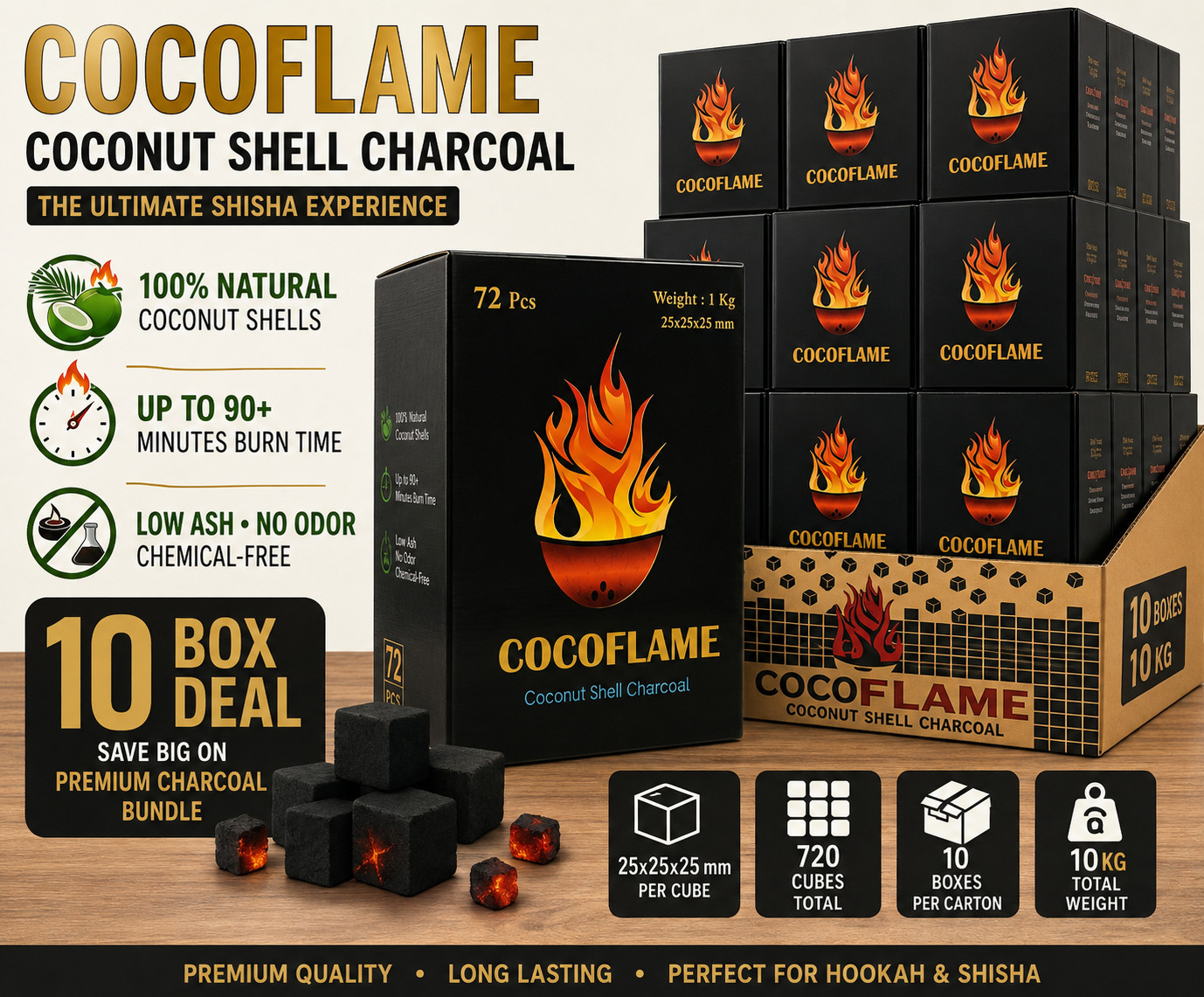 Hookah Charcoal COCOFLAME 10KG 22LB Natural Coconut Shisha