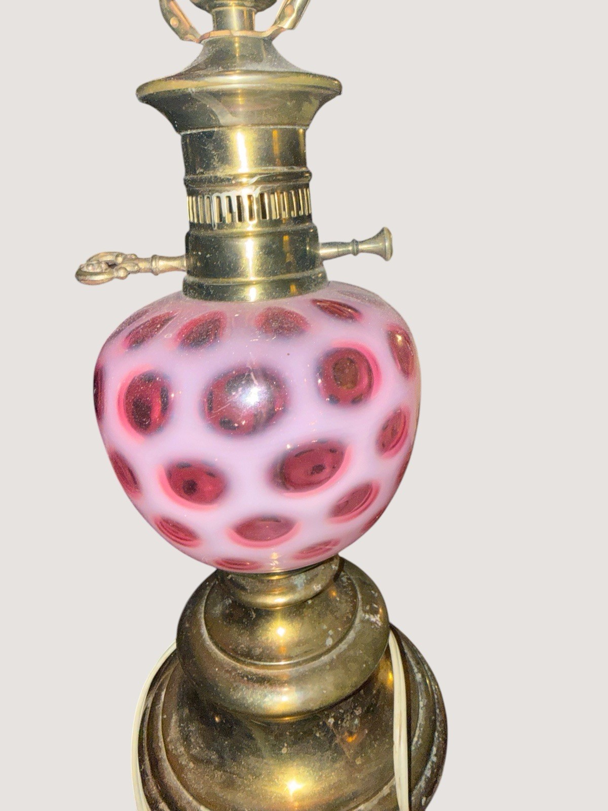 Vintage Fenton Cranberry Opaque Coin Dot Lamp w/ Brass Base 23” Tested SALE