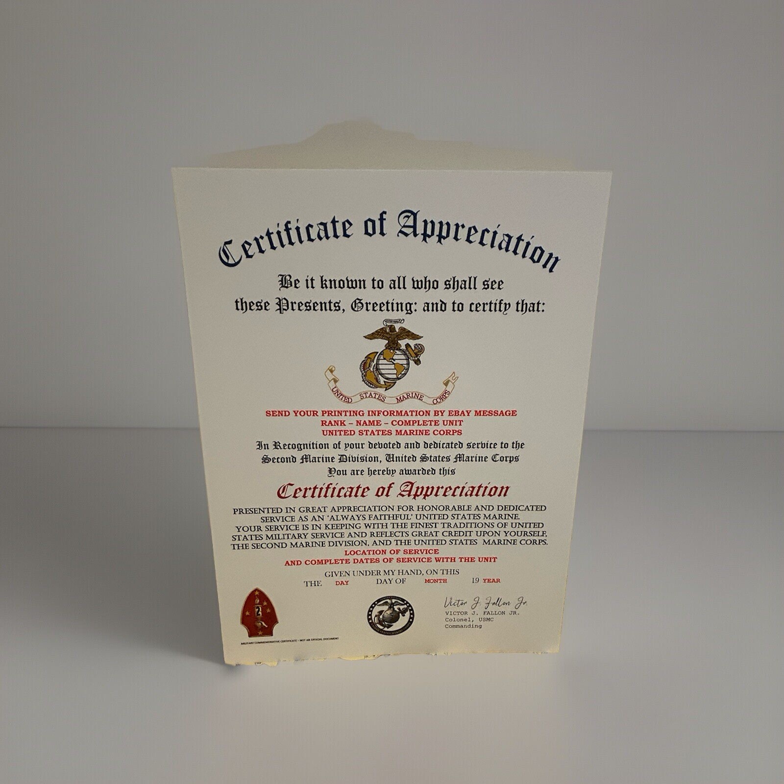 U.S. MARINE CORPS / 2ND MARINE DIVISION - CERTIFICATE OF APPRECIATION