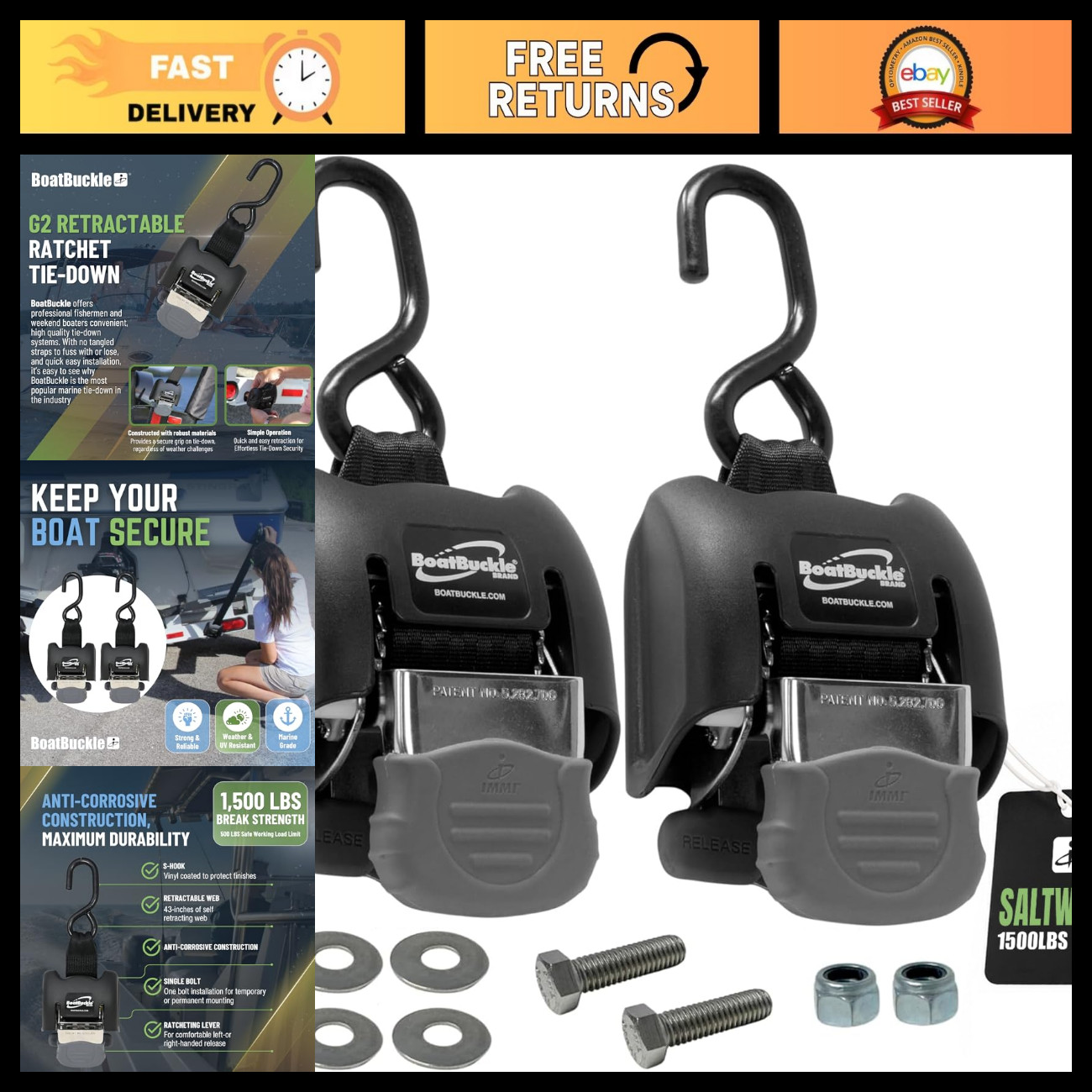 BoatBuckle Retractable Boat Trailer Tie-Downs, Saltwater, 2x43-Inch, 2-Pack