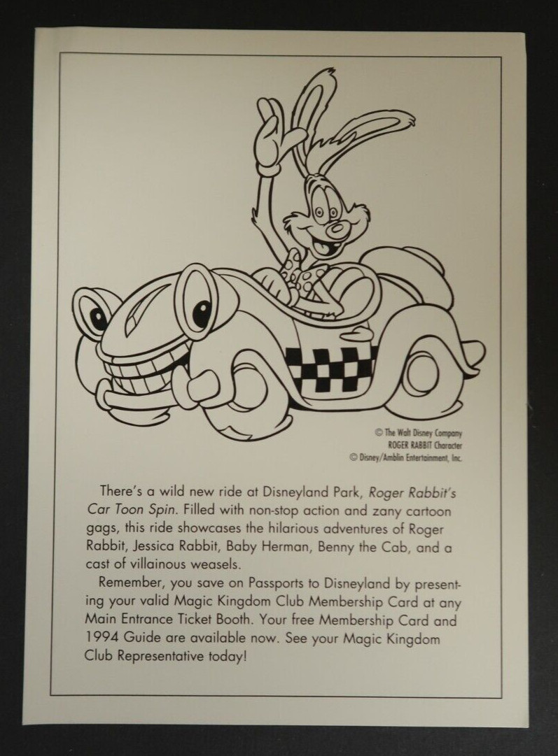 Roger Rabbitt Character Sheet Wild New Ride at Disneyland Walt Disney 1990's