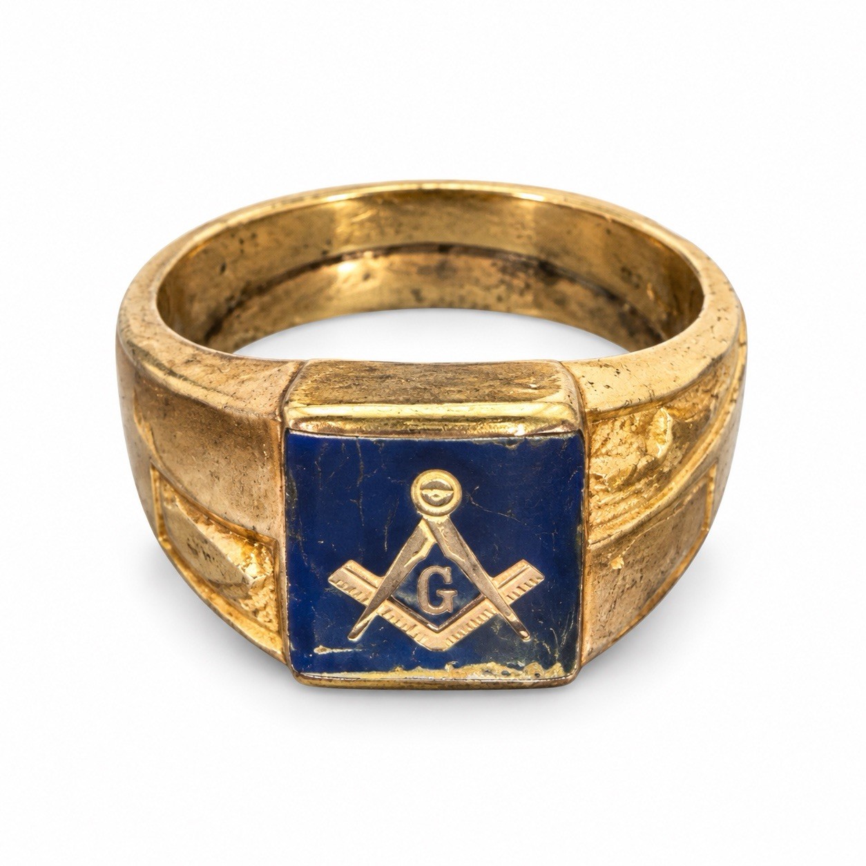 Vintage 10K Gold Masonic Freemason Ring Blue Enamel Square Compass Weight 7.14