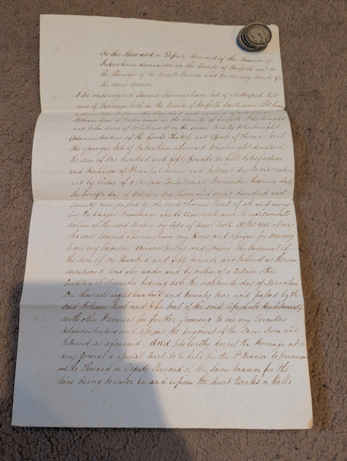 1828 Calligraphy Fakenham Lancaster William Neal Conditional Surrender Indenture