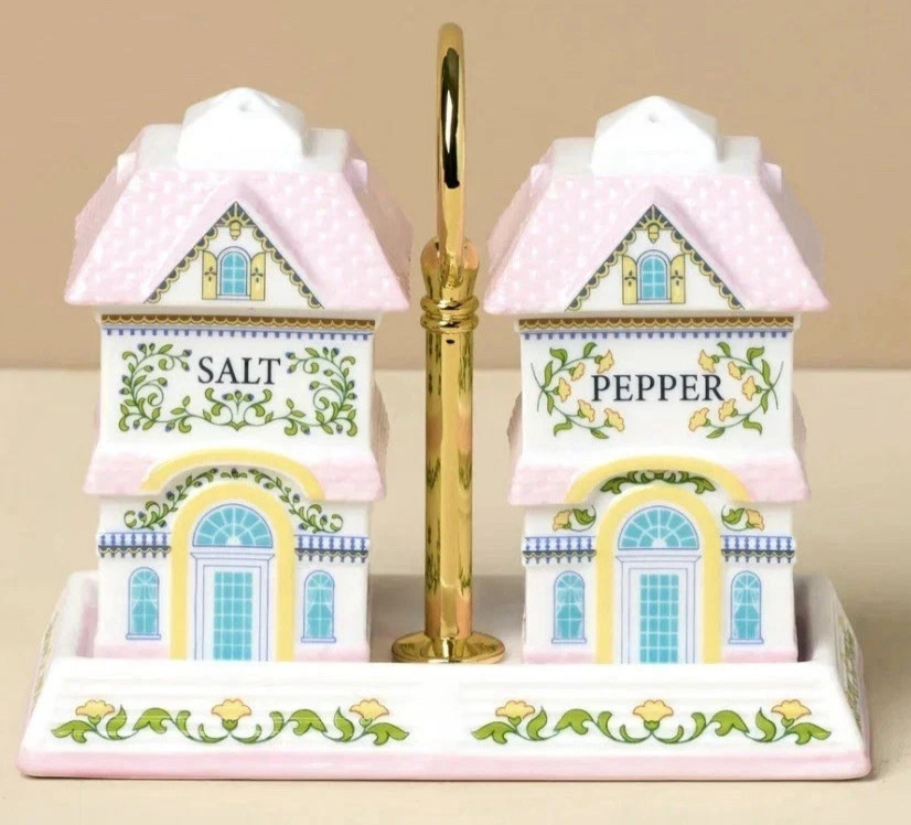 Lenox Spice Village Salt Pepper Shakers Victorian Home 🏠 Porcelain Set w/ Tray
