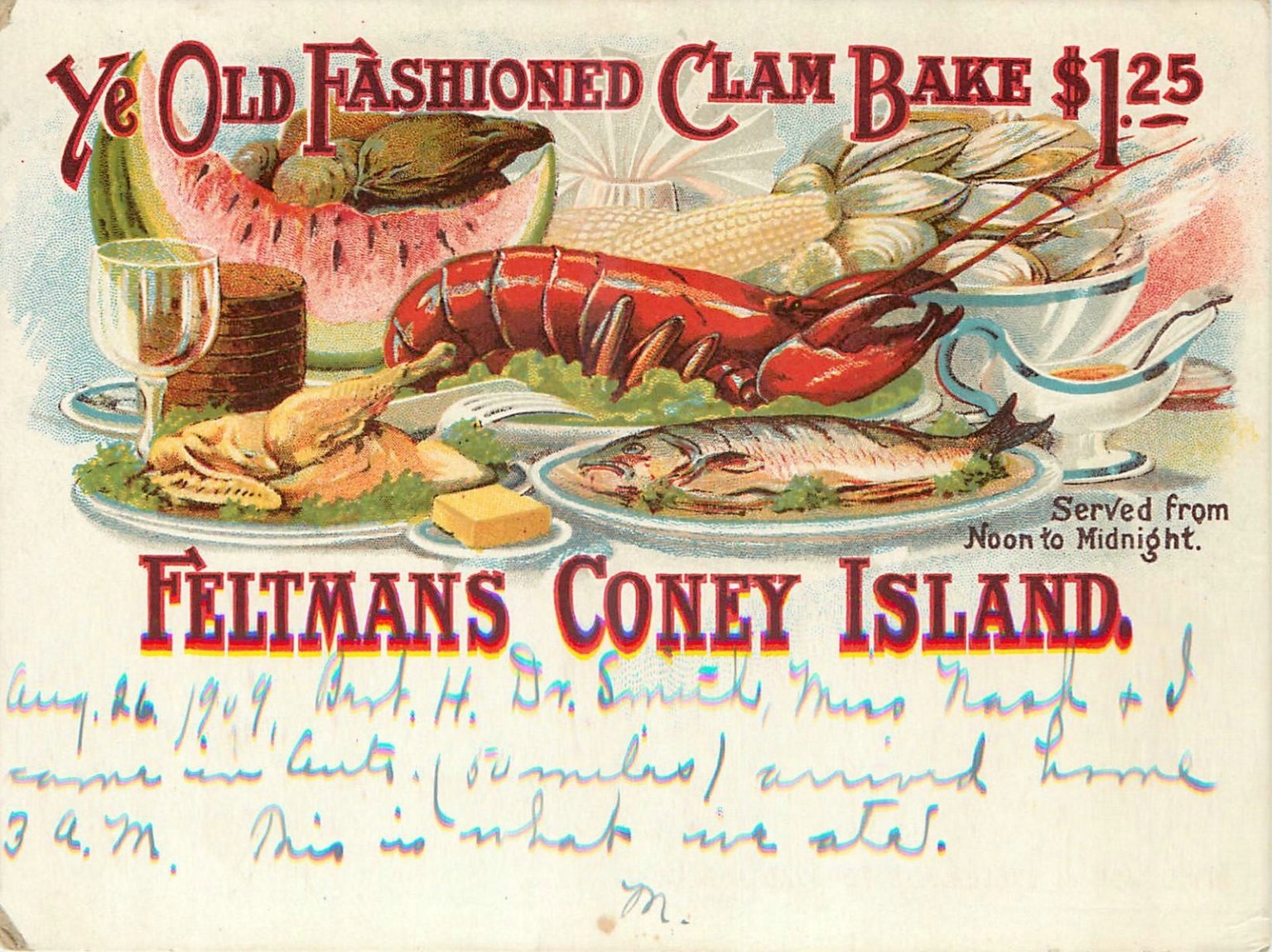 1909 Feltman\'s Coney Island Clam Bake Lobster Dinner Postcard NY