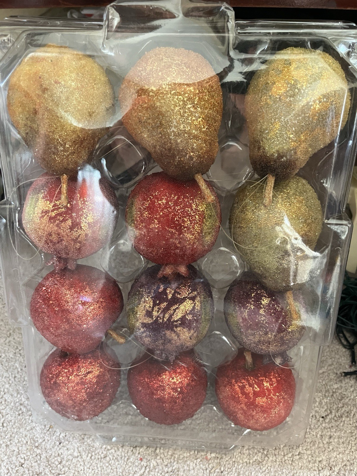 Set of 12 Sugared Beaded Pear / Pomegranate / Apple Ornaments Faux Fruit 3\