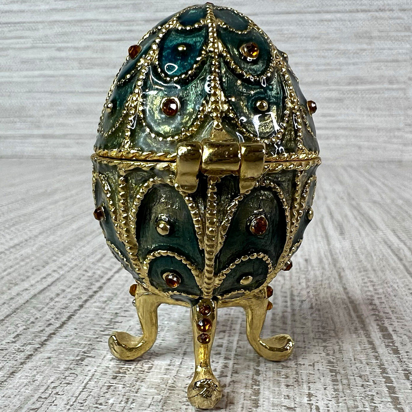 Green & Gold Monet Jeweled Egg Trinket Box Hinged with Feet on Legs