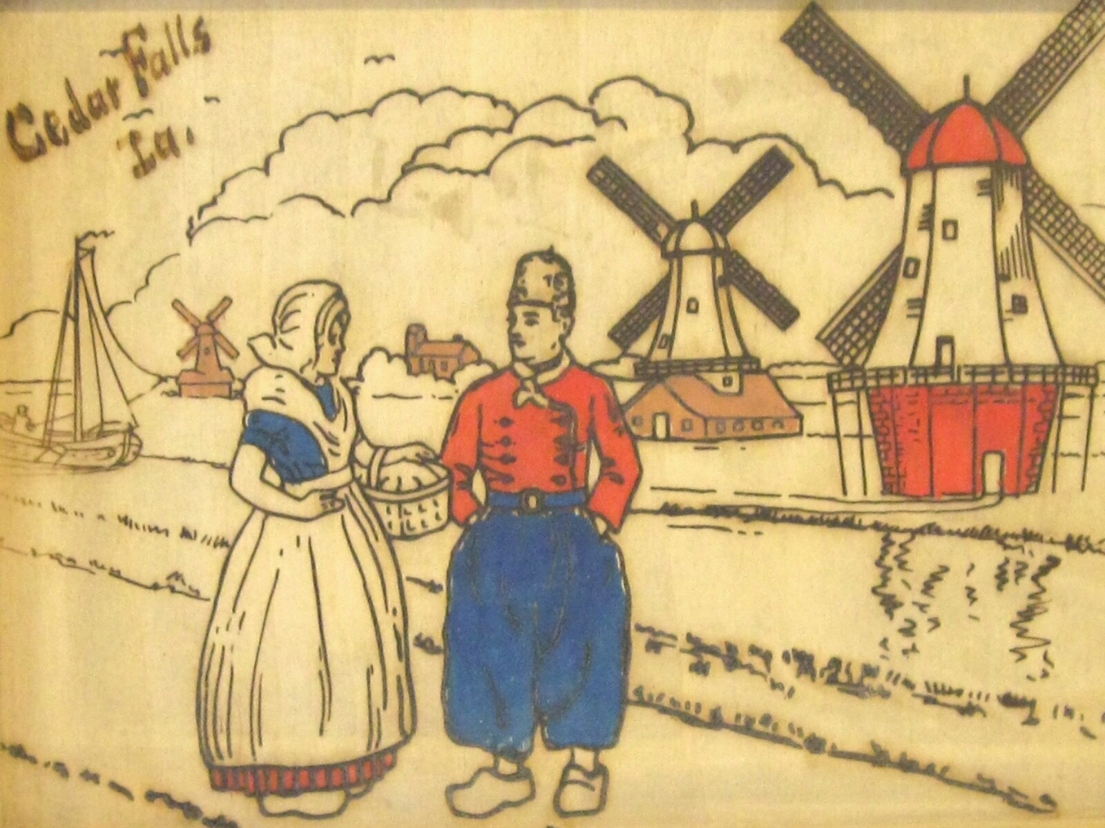 VINTAGE ANTIQUE CEDAR FALLS IOWA SOUVENIR DUTCH PYROGRAPHY TRAY WINDMILLS CANALS