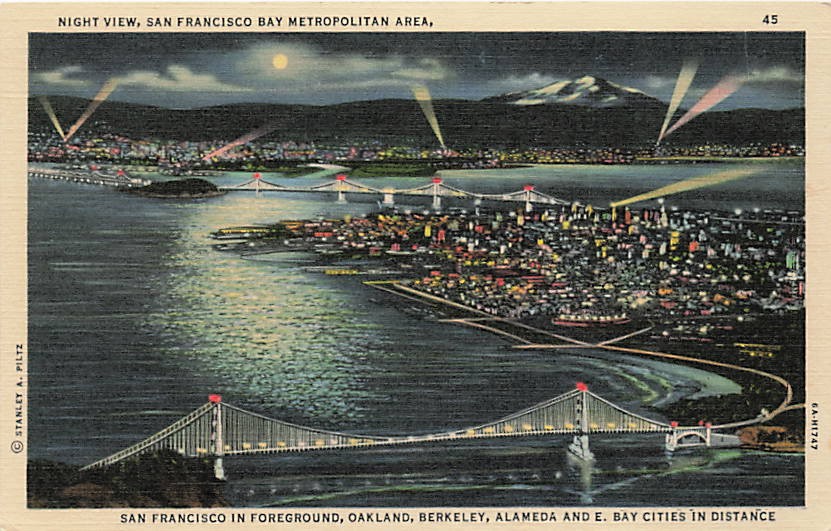 Postcard CA: Night View San Francisco Bay Metropolitan Area Linen