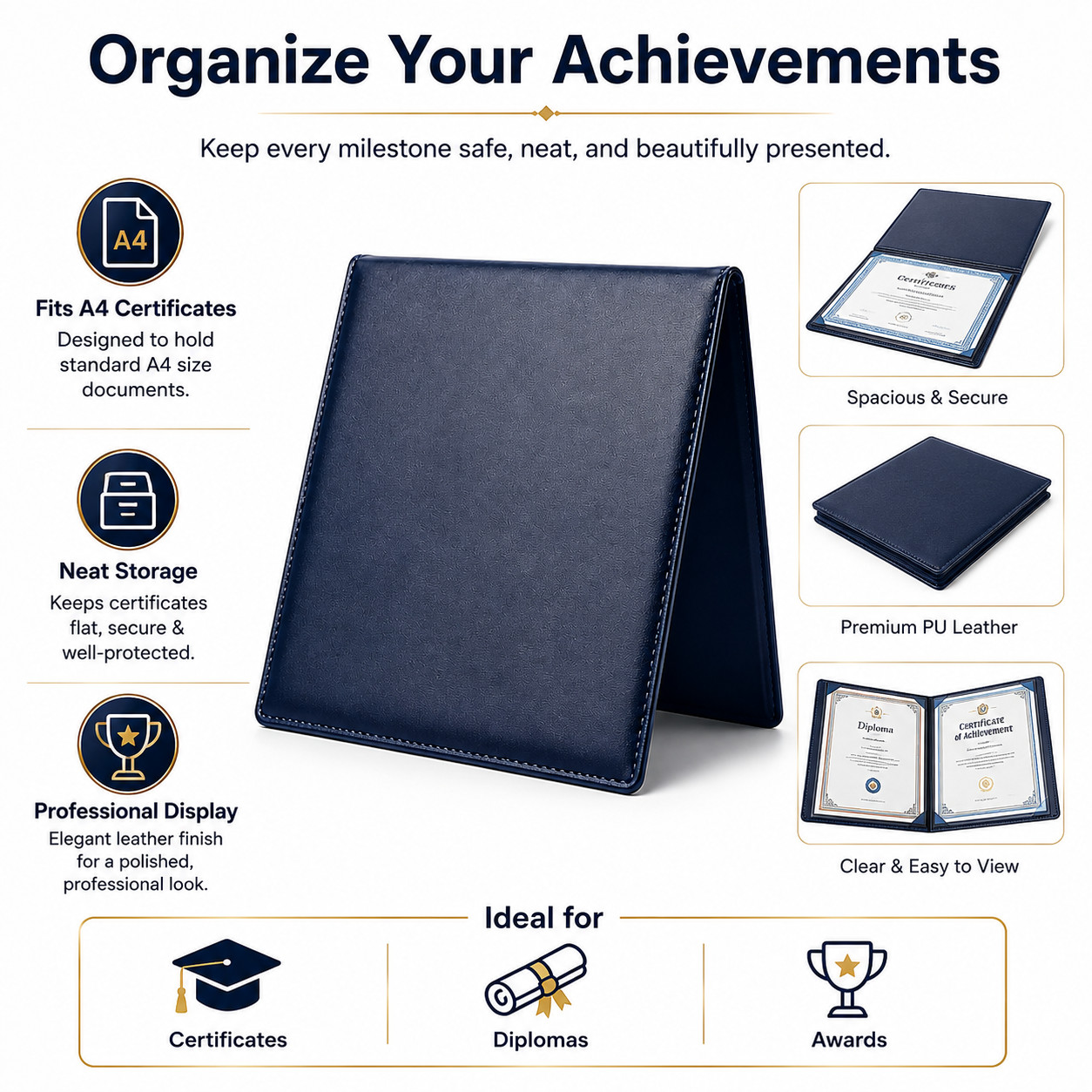Professional A4 Certificate Portfolio, Water-Resistant PU Leather Document Album