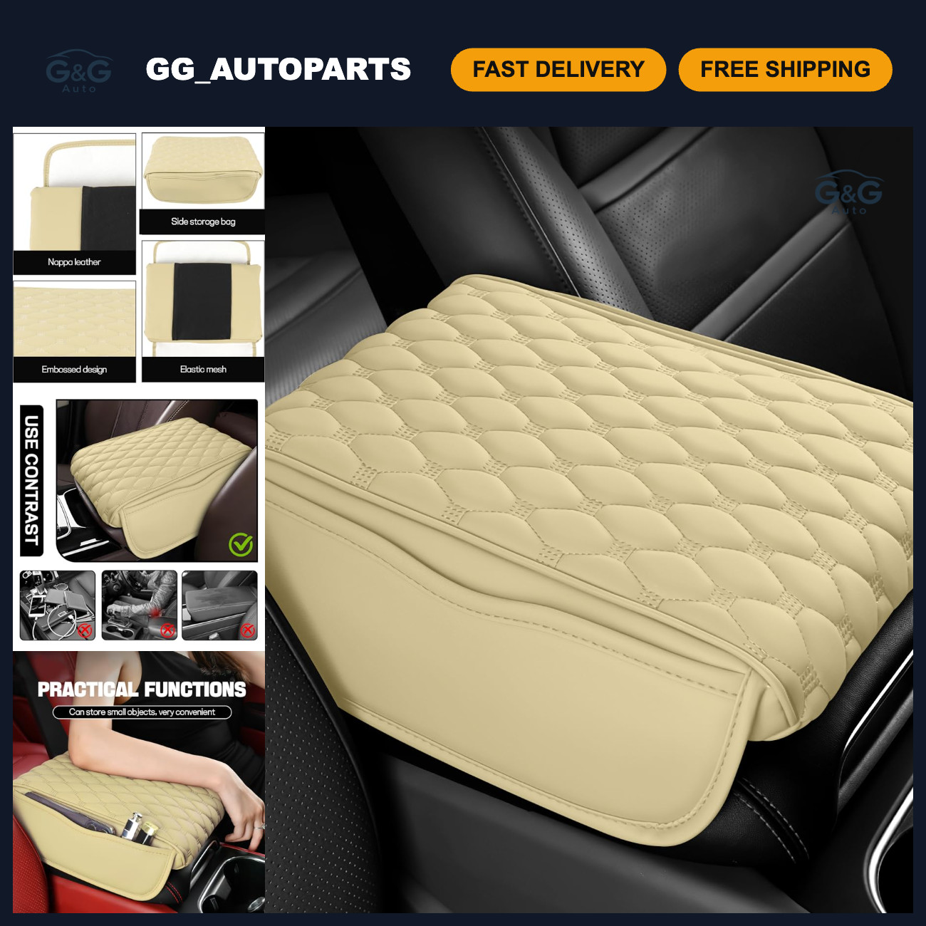 wuyaoyao Car Center Console Cover, Armrest Cushion w/ 2 Storage Bags, Beige
