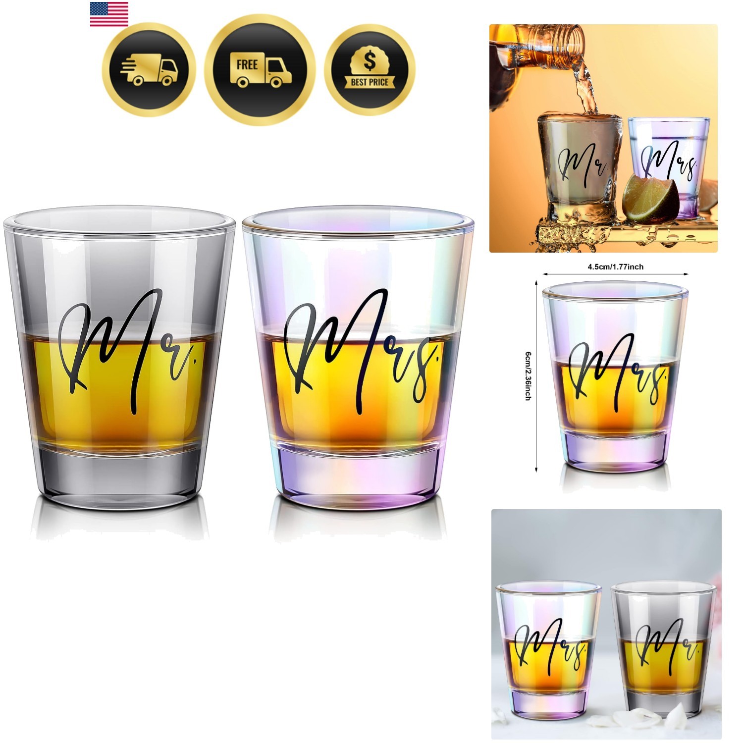 Sumind 2 Pack Mr and Mrs Shot Glasses for Bride and Groom Wedding Gift