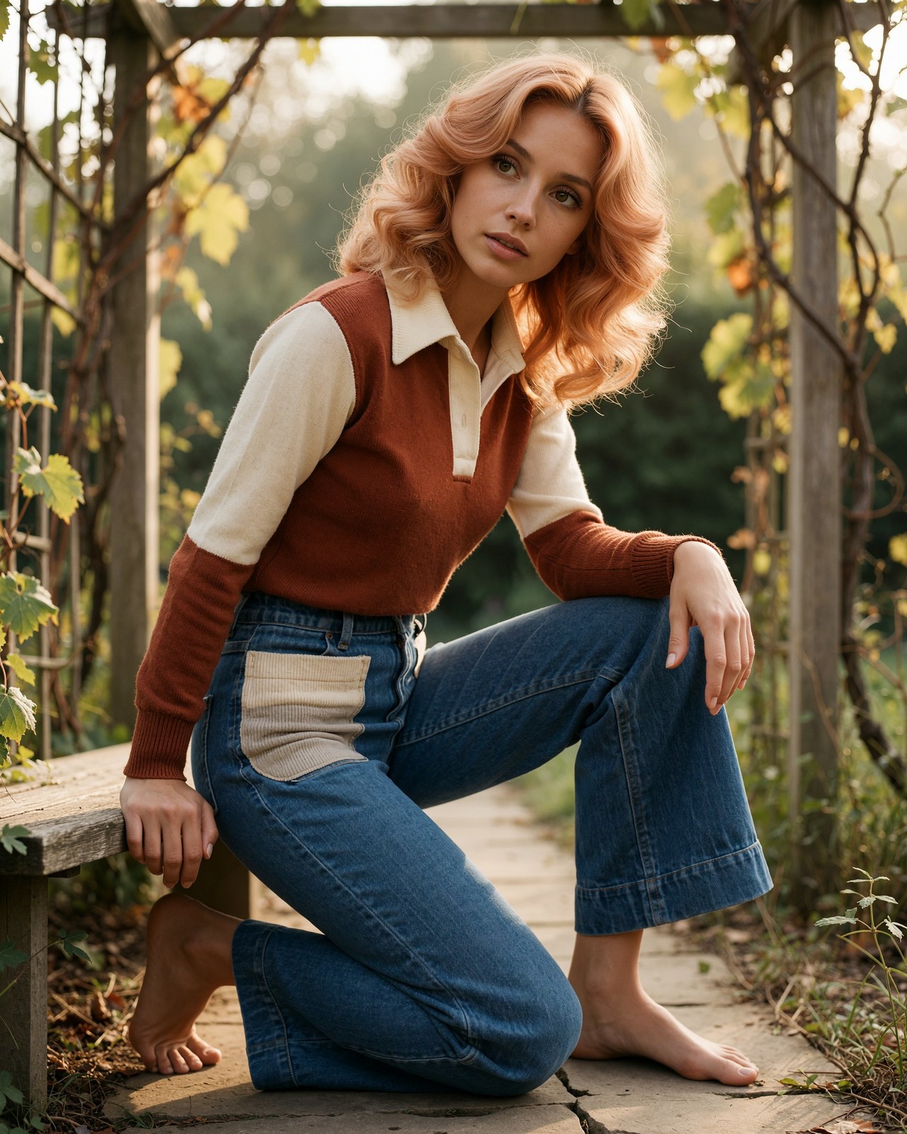 Redhead Curvy Woman Pinup Garden Sweater Jeans 8x10 Photo Print - 76734