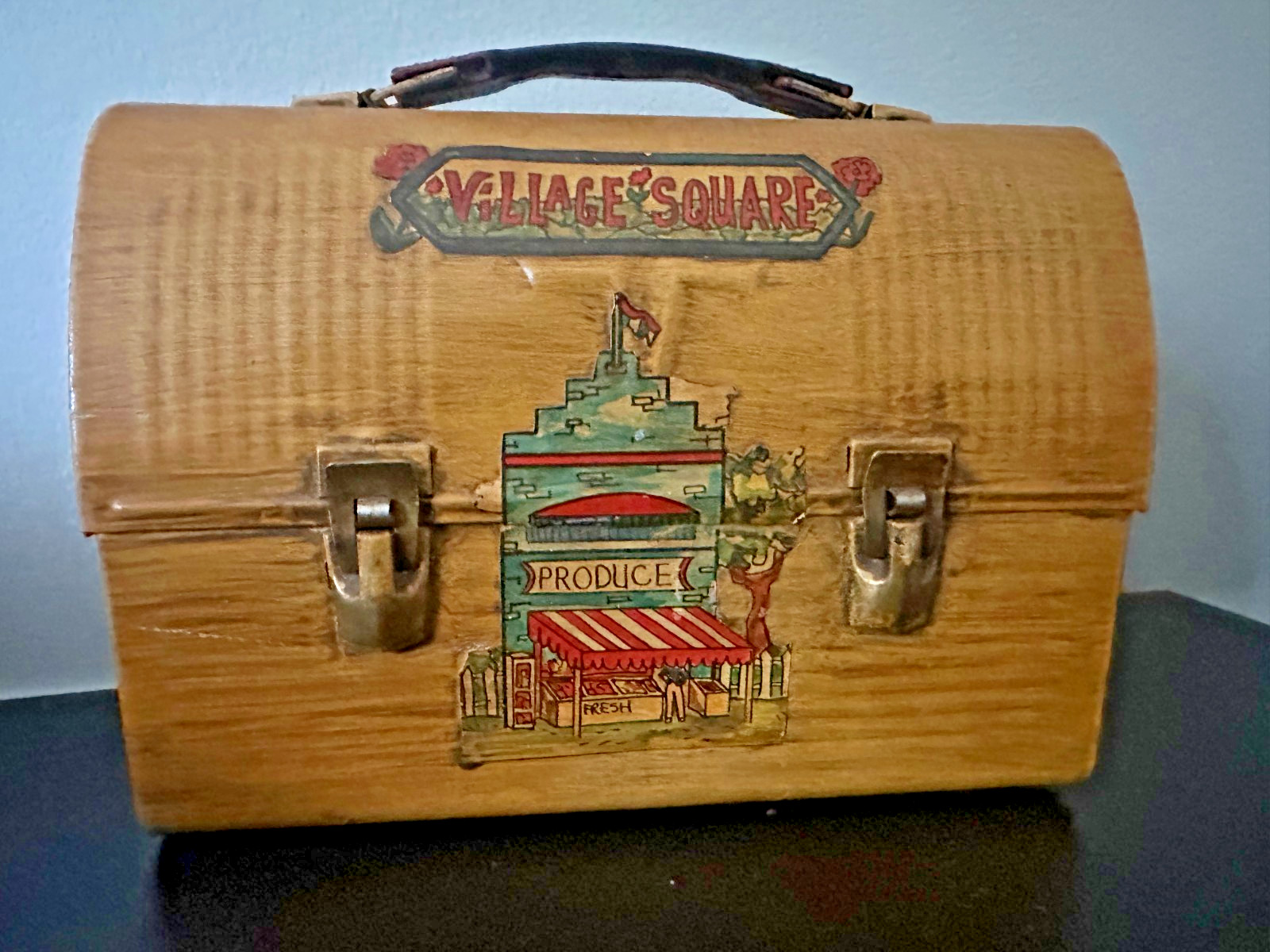 Vtg 1960s Village Square Decoupage Purse Built on 1950s Metal Thermos Lunchbox