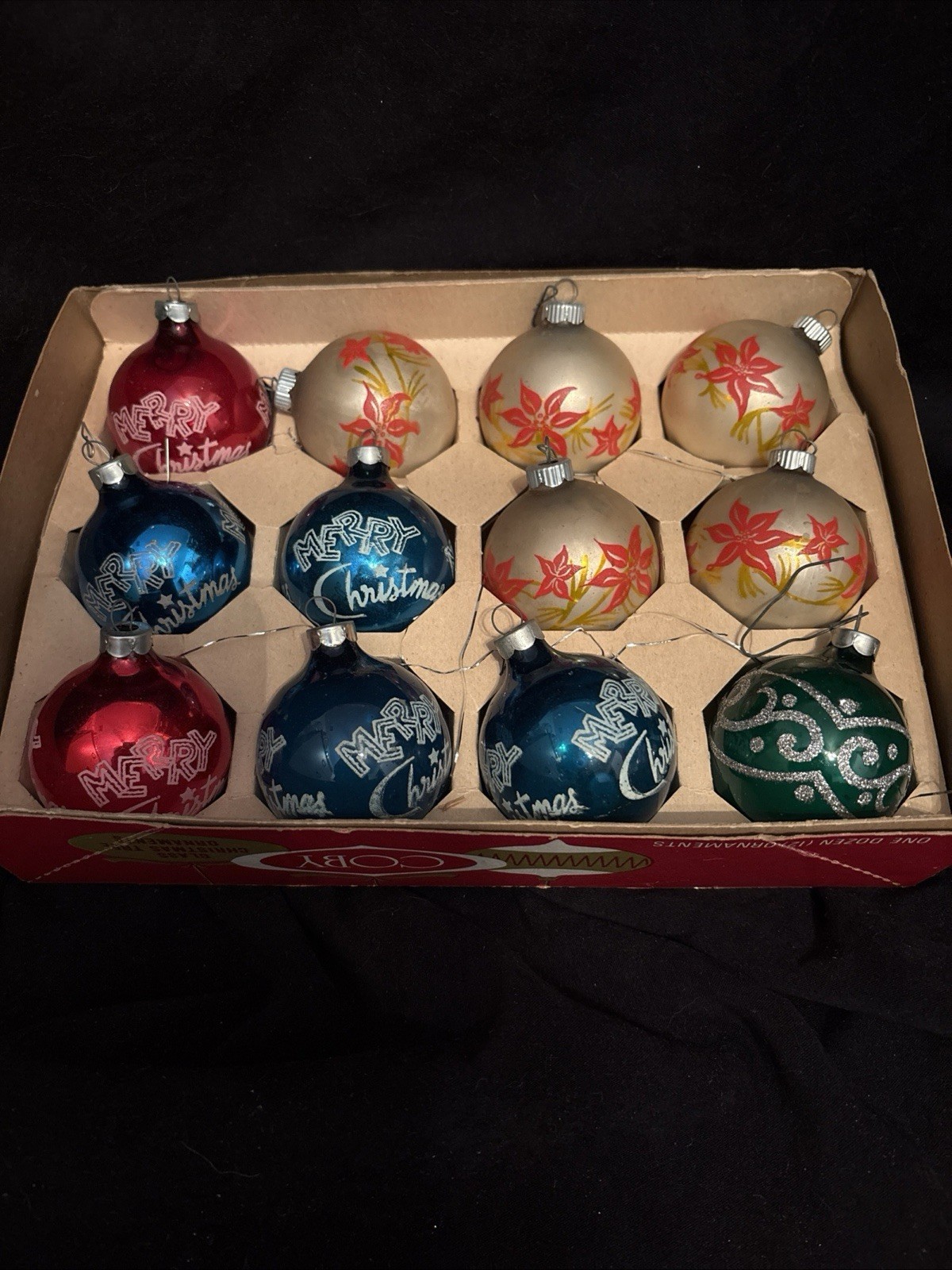Vintage Shiny Brite Poinsettia + Merry Christmas Glass Ornaments (in Wrong Box)