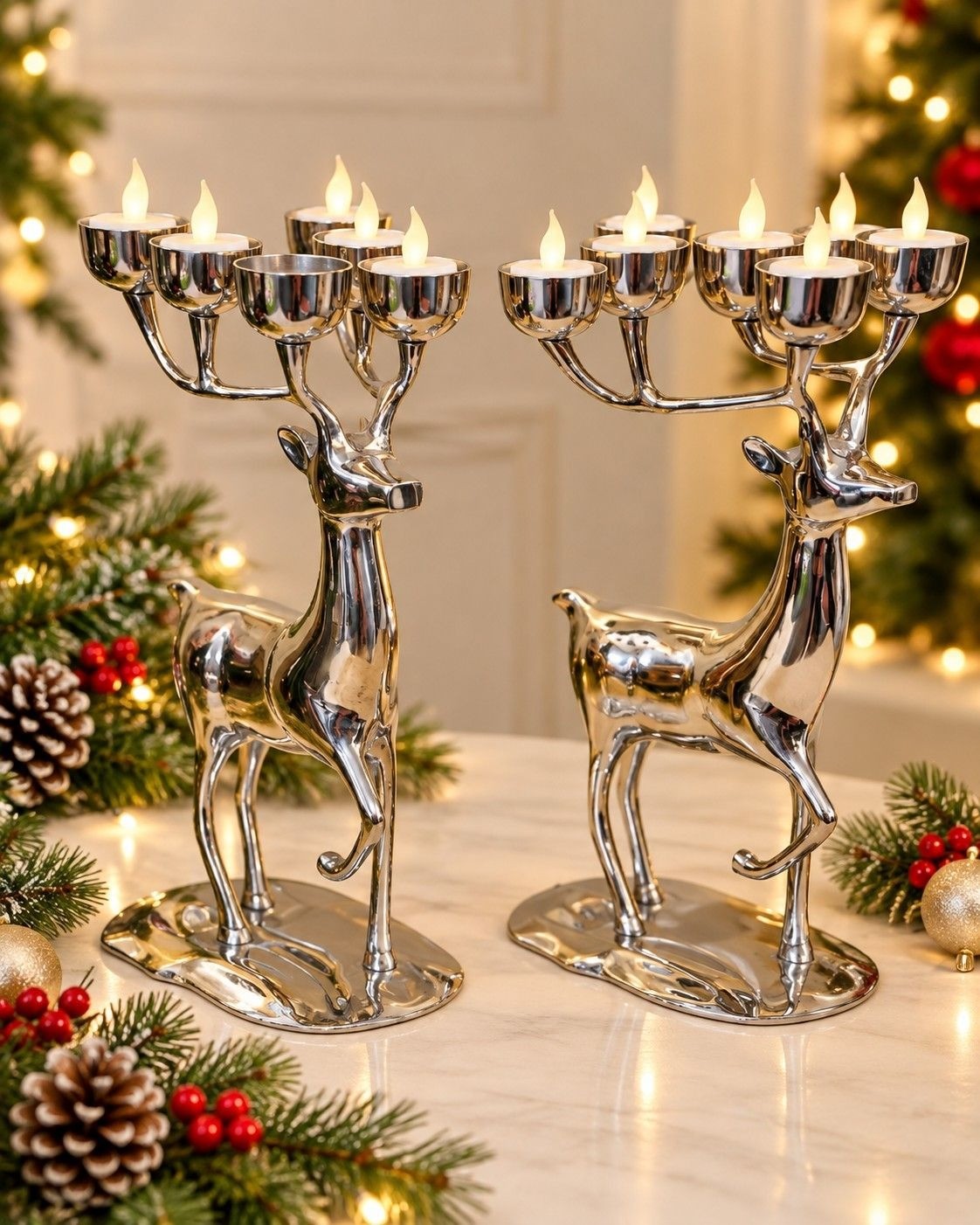 Vintage Pair Silver Tone Reindeer 6 Light Candelabra Christmas Candle Holders 14