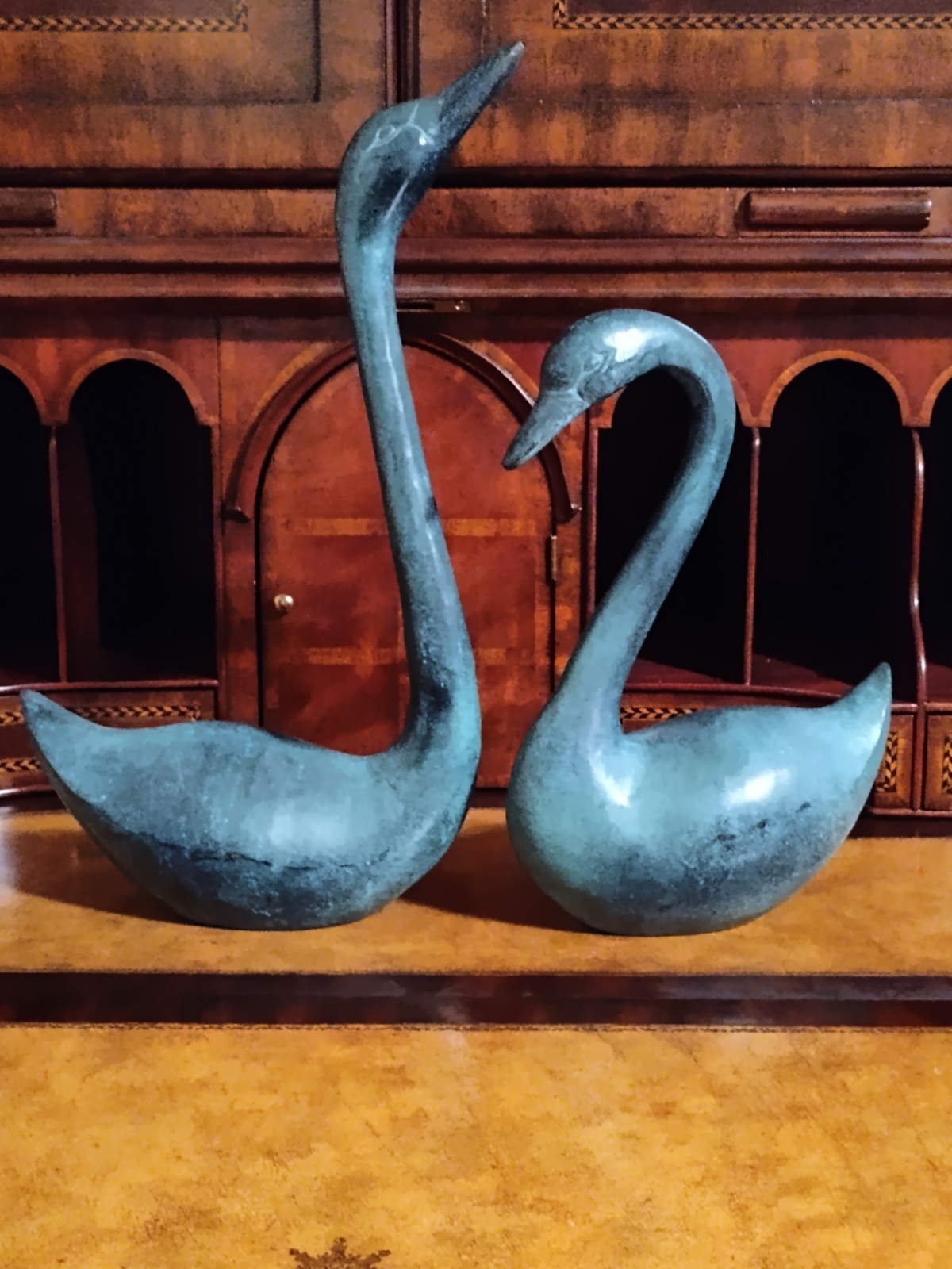 Two Maitland Smith Brass Swans Hand Made In India Verdigris Patina