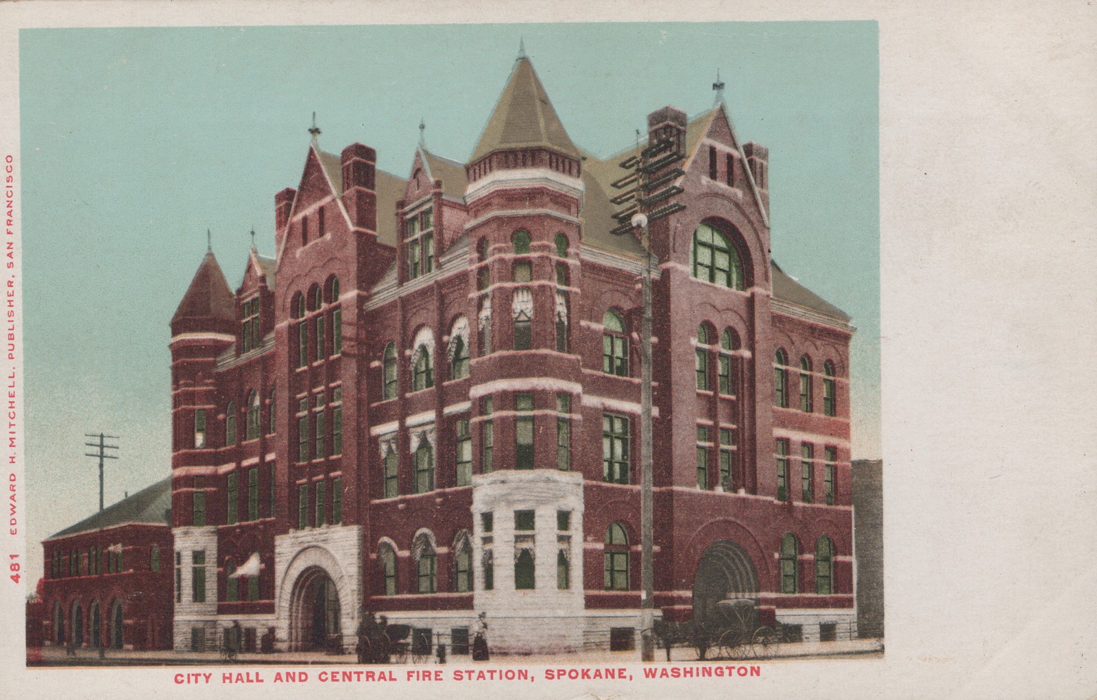 City Hall & Central Fire Station Spokane WA Undivided Back Postcard Mitchell