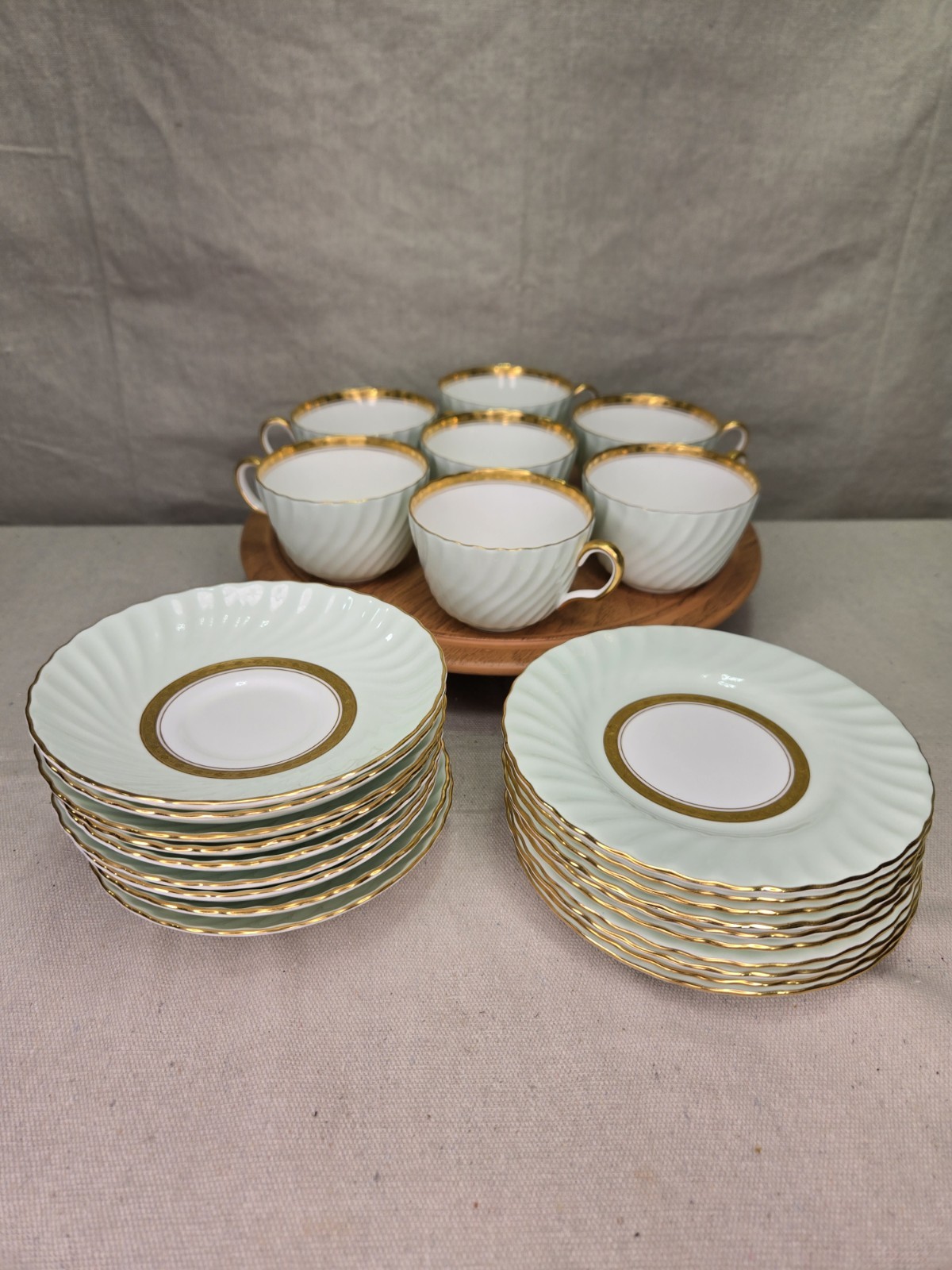Beautiful MINTON China/England  COFFEE CUP SAUCER PLATES Green Gold Shell Swirl