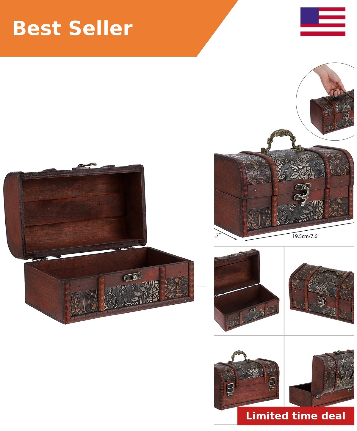 Vintage Treasure Chest Box, Wooden Pirate Keepsakes Box, Medium