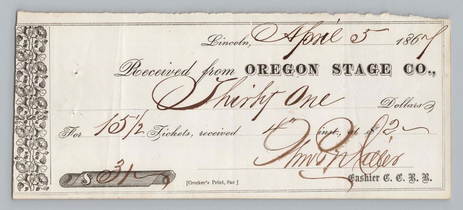 RARE 1860s Oregon Stage Co Financial Receipt Stagecoach Ephemera Crocker