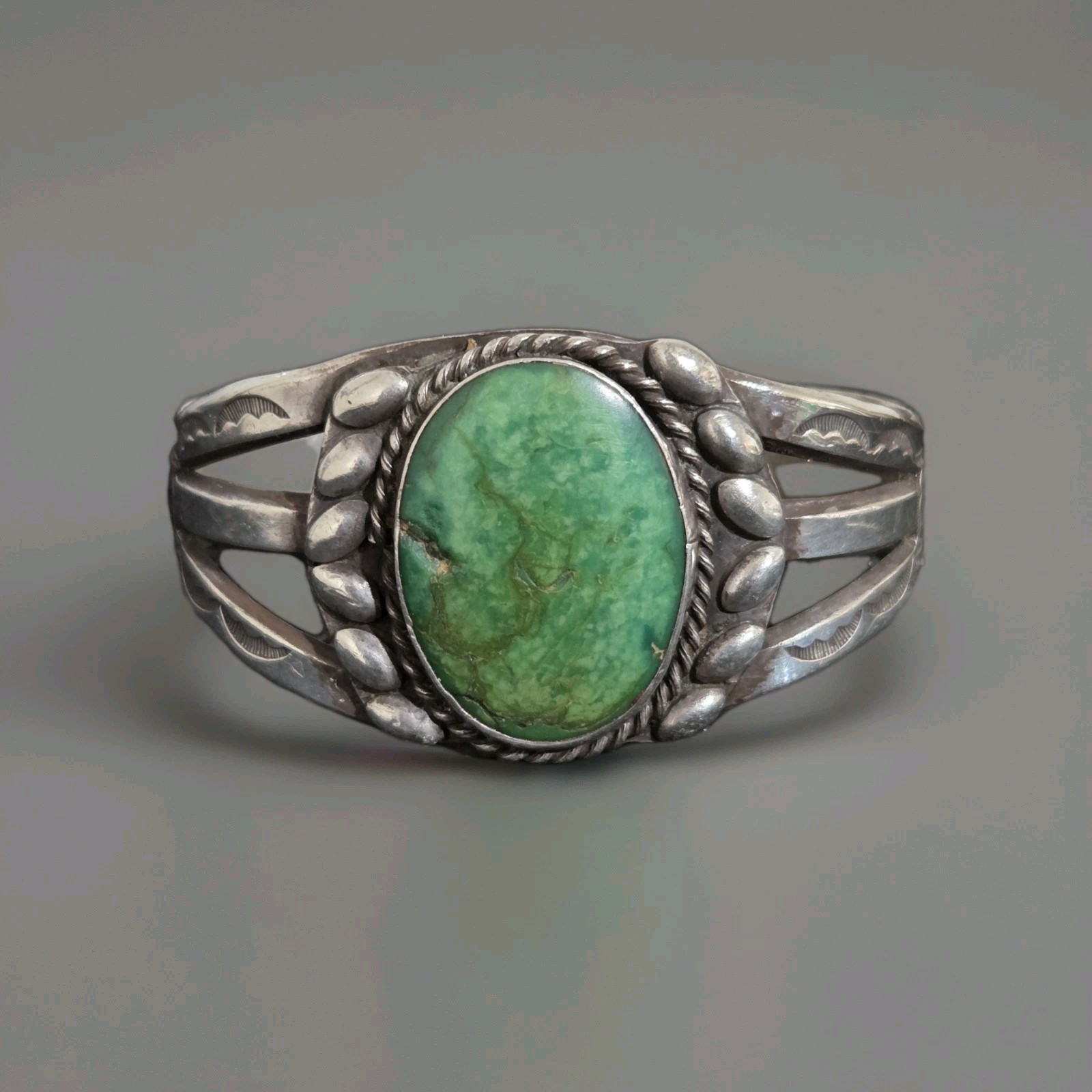 Old Navajo Handmade And Hand Tooled Heavy Ingot Silver Turquoise Cuff Bracelet