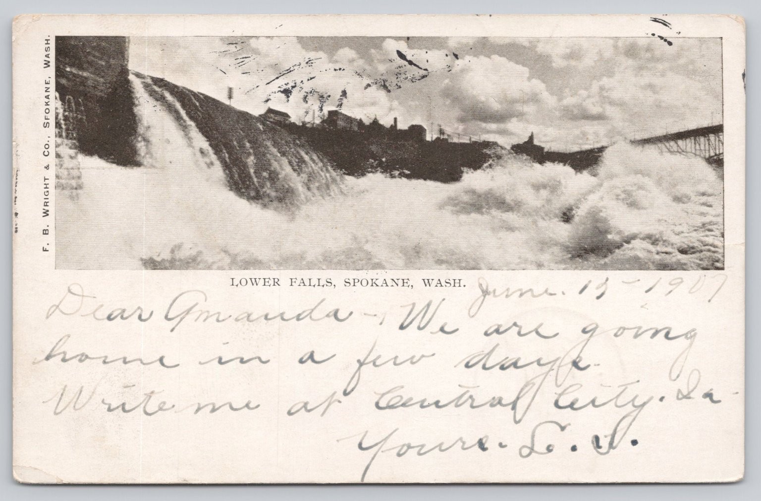 1907 Spokane Washington Lower Falls F. B. Wright Postcard RPPC Style