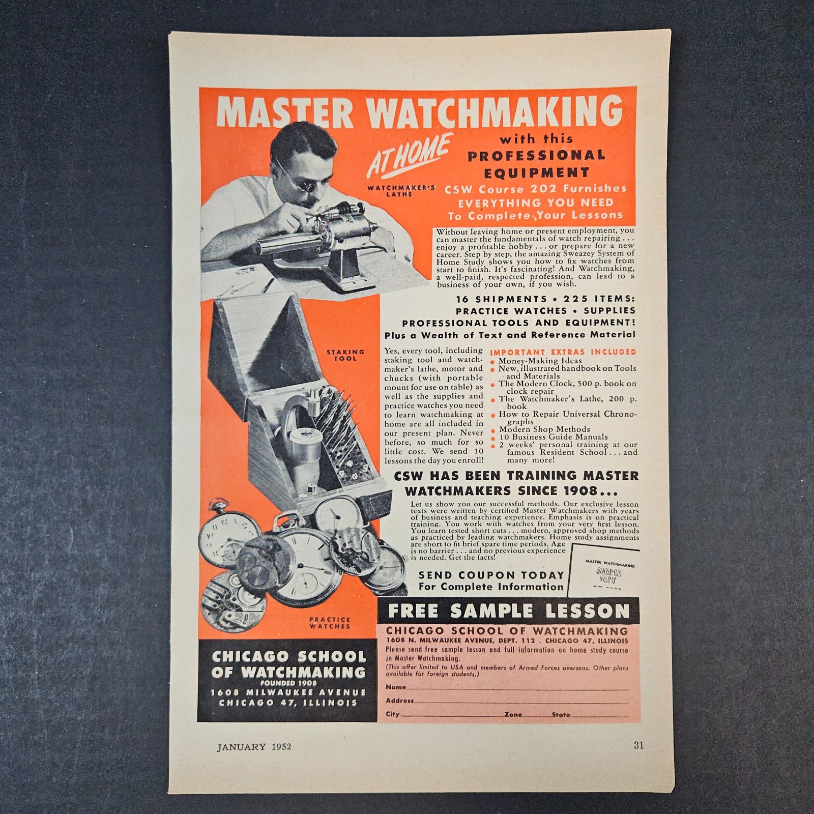 1952 Chicago School of Watchmaking At Home Lathe Staking Tool Vintage Print Ad