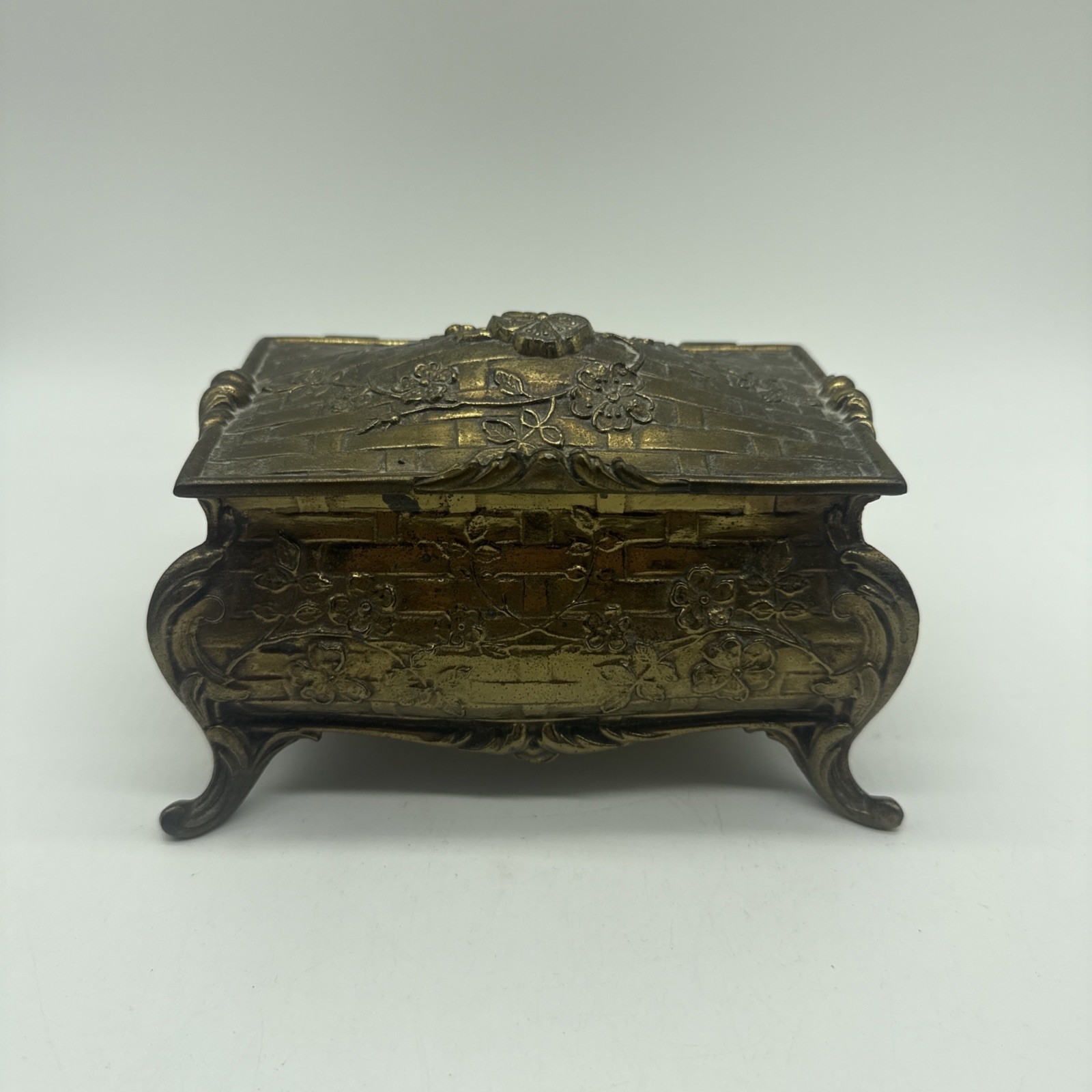 Nouveau Gilt Bronze Metal Jewelry Box Floral Casket Trinket Footed Vintage Gold