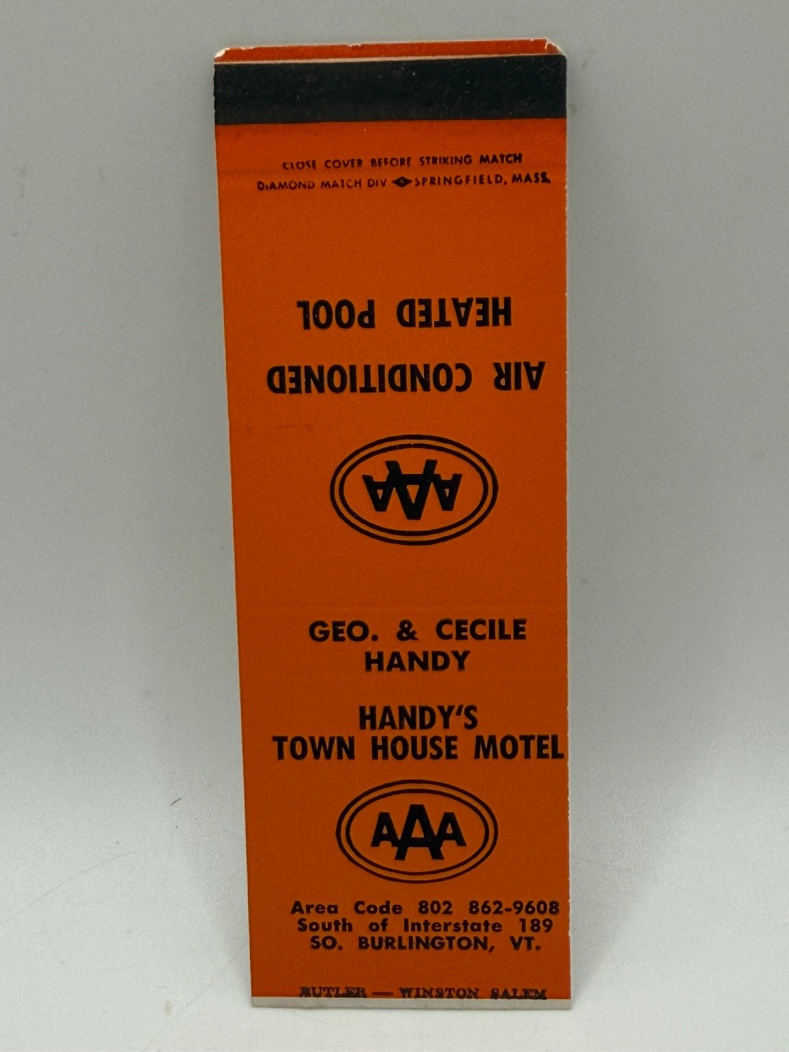 Vintage Handy\'s Town House Motel AAA Matchbook Springfield MA Vermont