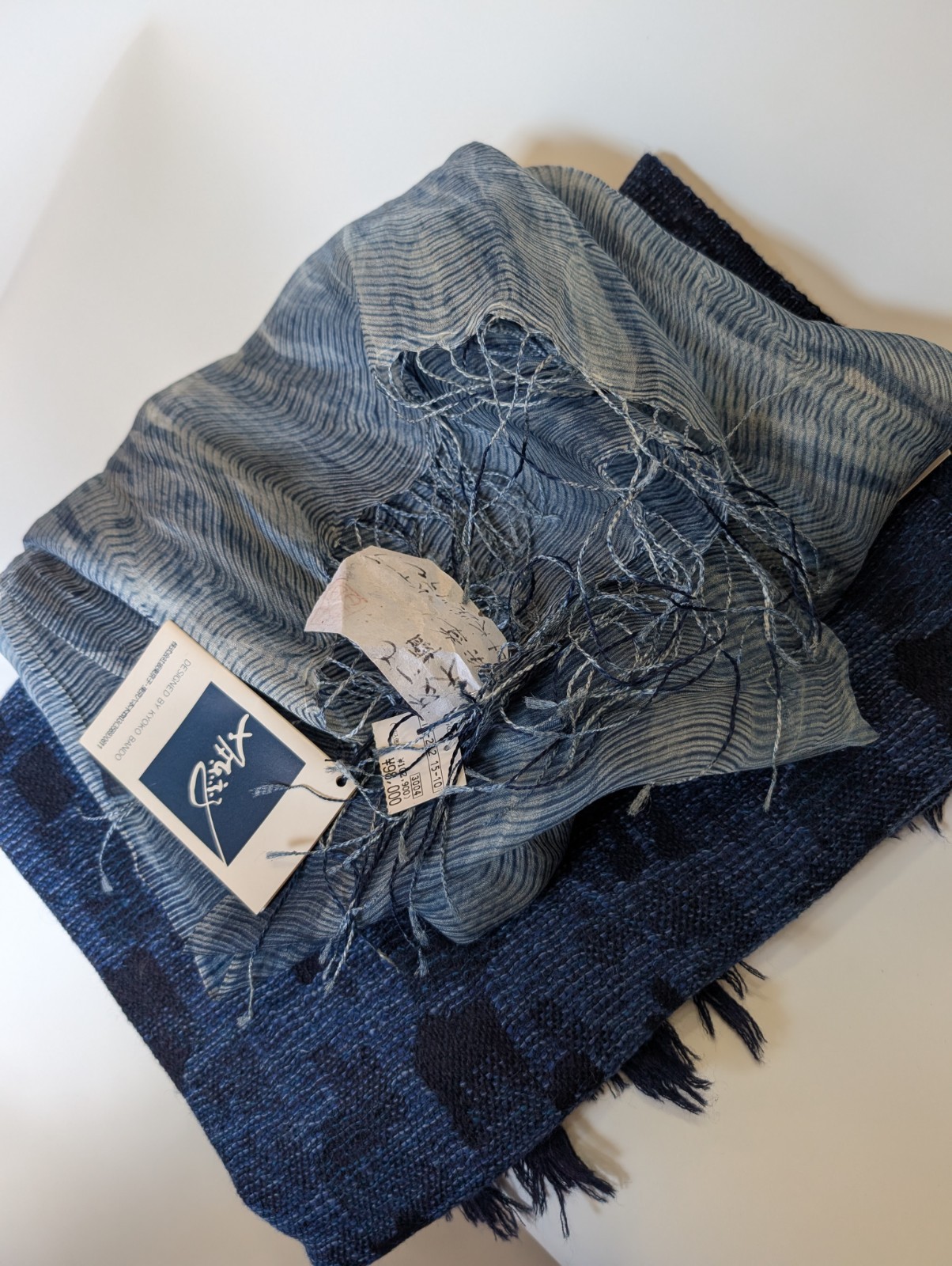 Vintage Japanese Indigo Scarf Set Wool Silk 2pc Deadstock Japan, traditional