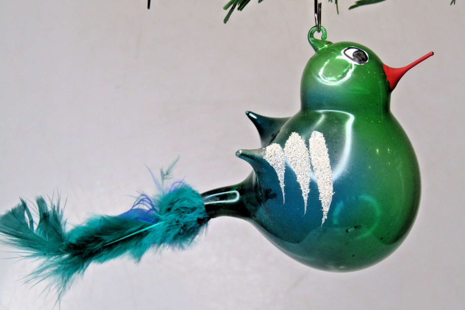 Vintage Glass Annealed Wings Real Feather Tail BIRD Christmas Ornament Italy