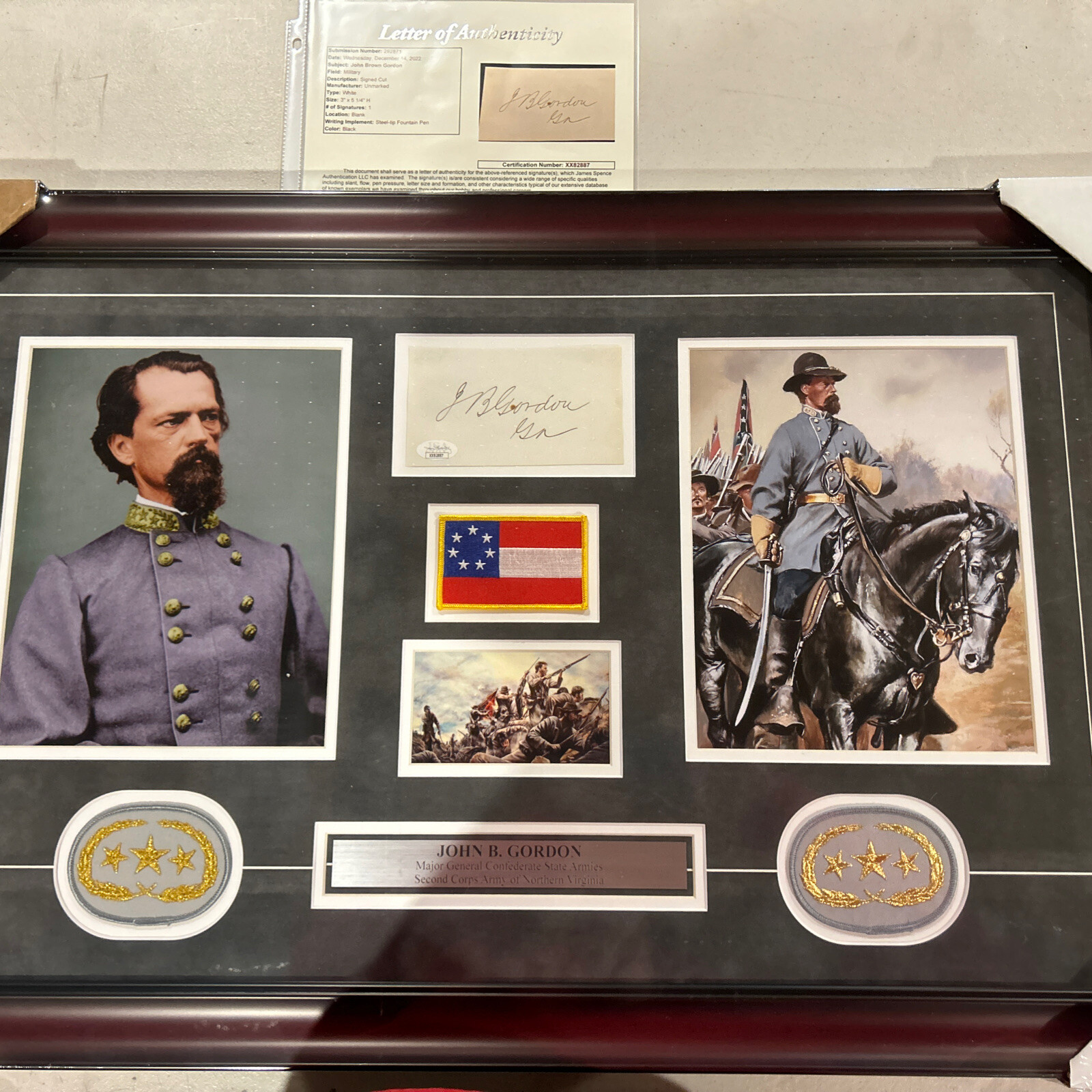 John B Gordon autograph signed Civil War cut auto General Framed JSA