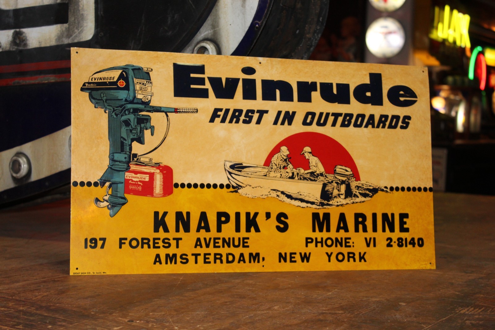 RARE 1950s EVINRUDE OUTBOARD BOAT MOTOR DEALER EMBOSSED METAL SIGN GAS MARINE