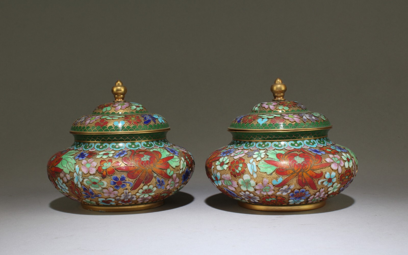 A Pair of Floral Cloisonne Enamel Jars with Lid