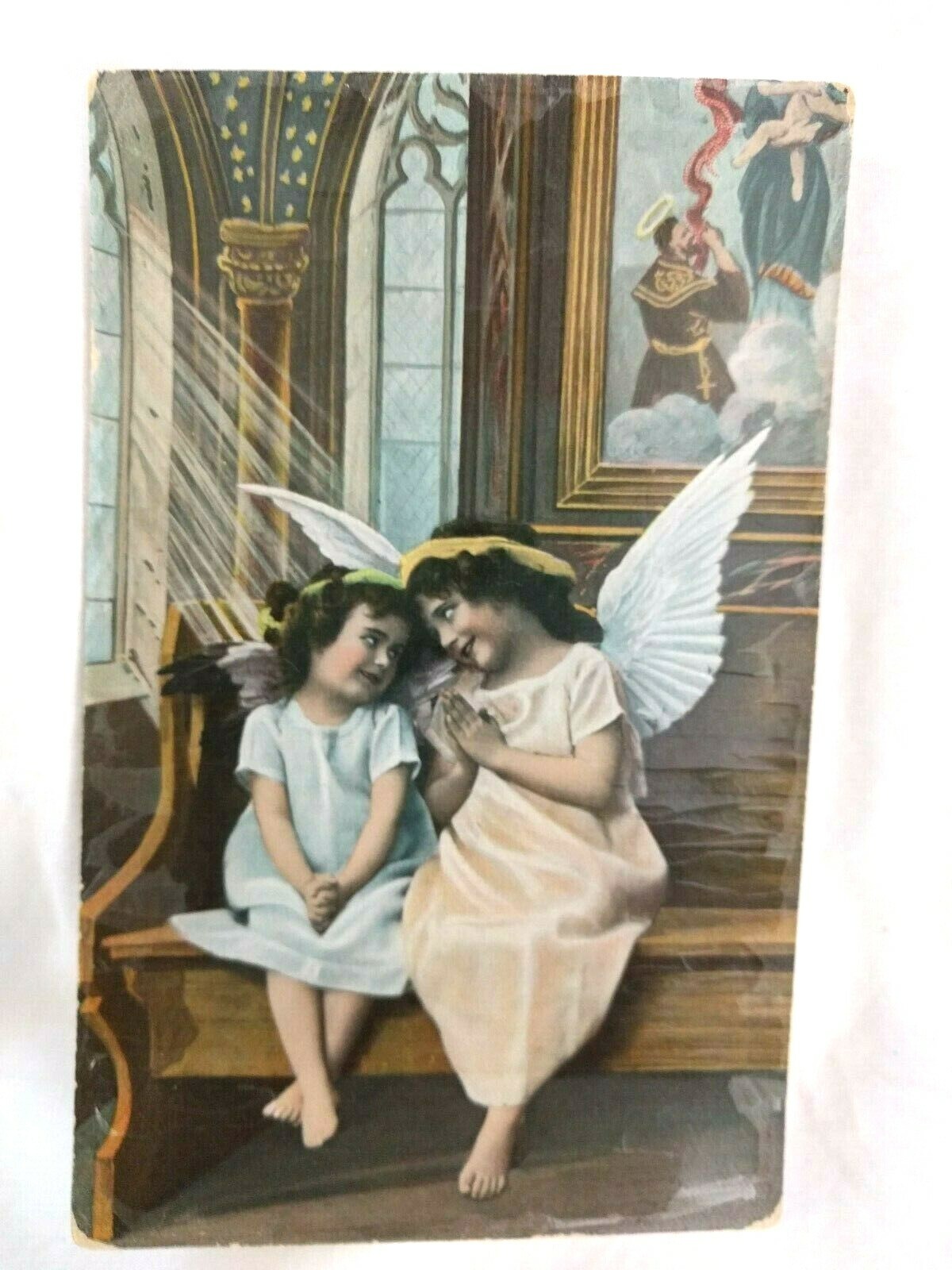 Early 1900s Postcard: Two Angel Girls in Church
