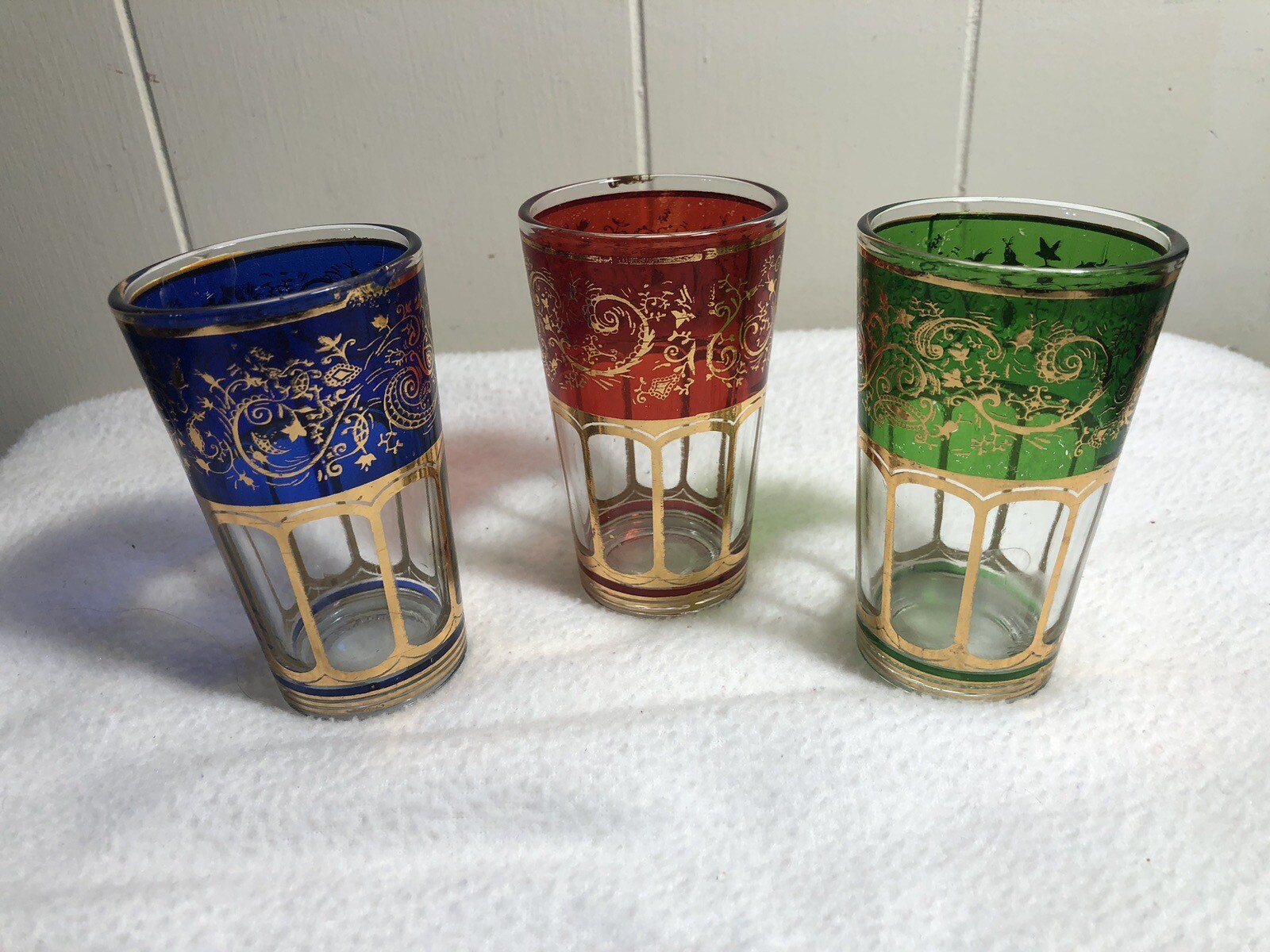 (3) Vtg KOREAN  Glass Barware RED BLUE GREEN Stencil/Foil Juice Tumblers  3.75\