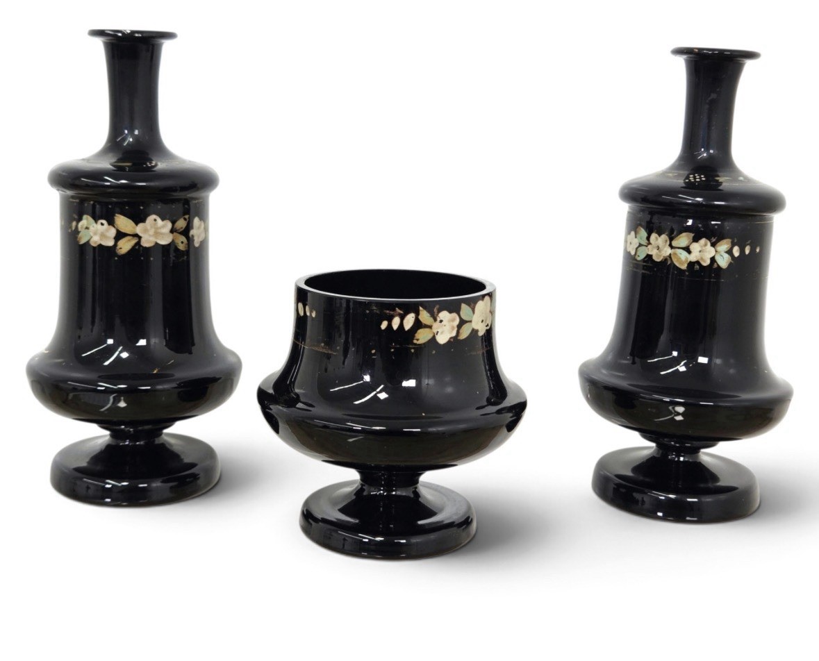 Antique Black Amethyst Glass Mantel Set Hand Painted Flower Vases 3pc Mint