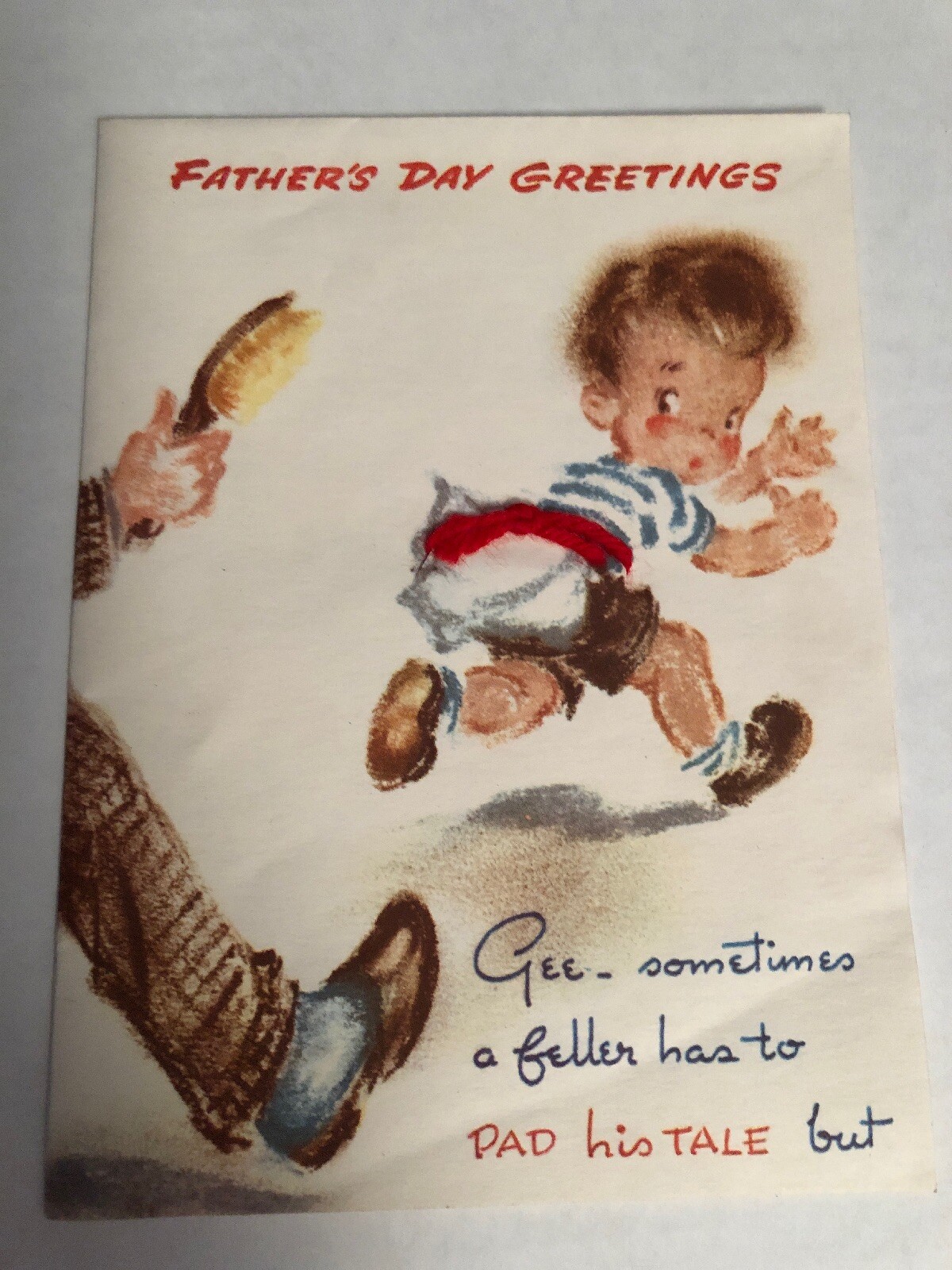 Vtg C1947 Father’s Day Greeting Card Little Boy Pillow Hairbrush Nat’l FTG Used