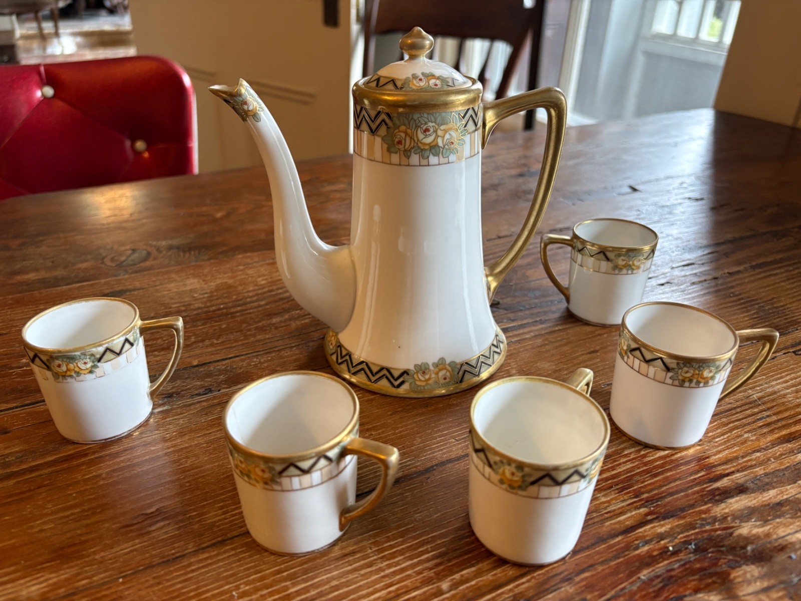 Antique Nippon demitasse hand painted art deco coffee pot and five cups